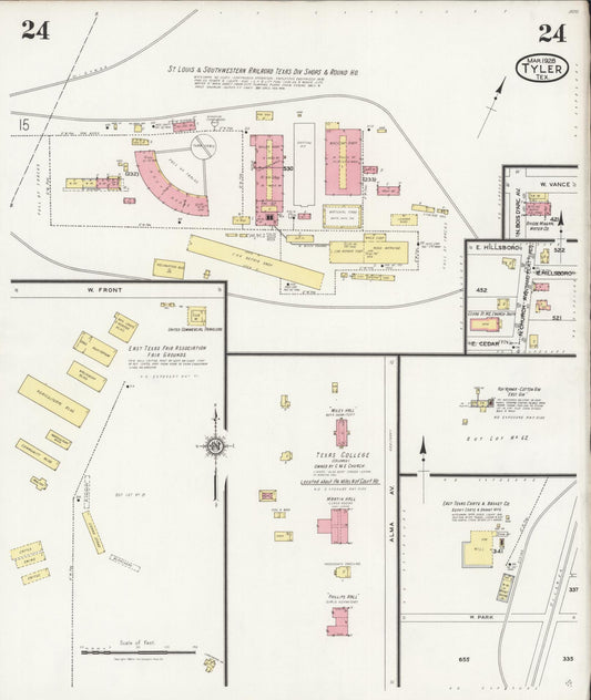 Sanborn Fire Insurance Map from Tyler, Smith County, Texas (1928), Sheet #0024 - Historic Sanborn Fire Insurance Map Print, vintage old map wall art, antique decor, genealogy gift, Texas Texas map