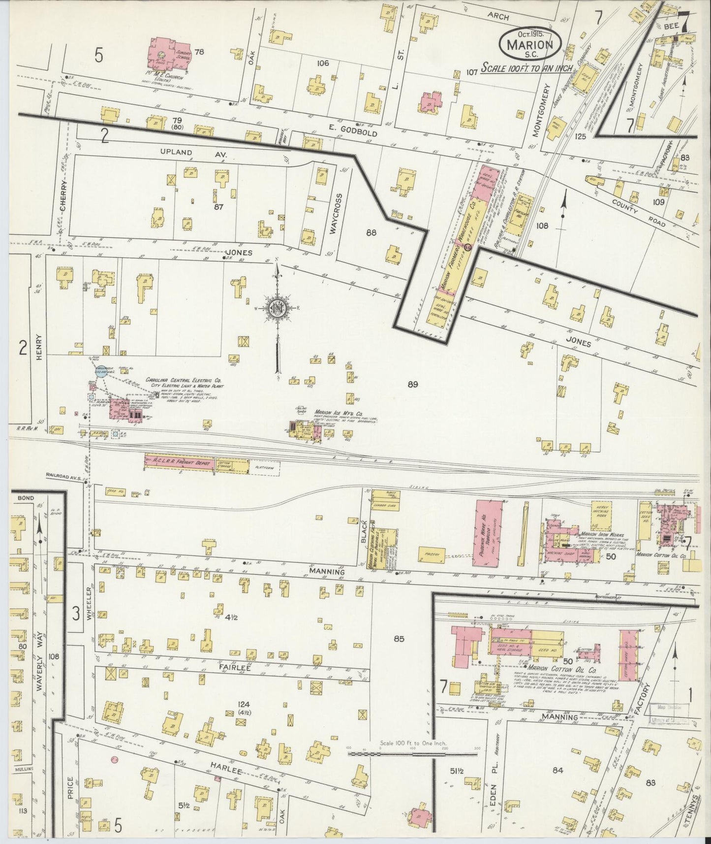 Sanborn Fire Insurance Map from Marion, Marion County, South Carolina (1915), Sheet #0007 - Historic Sanborn Fire Insurance Map Print, vintage old map wall art, antique decor, genealogy gift, South Carolina South Carolina map