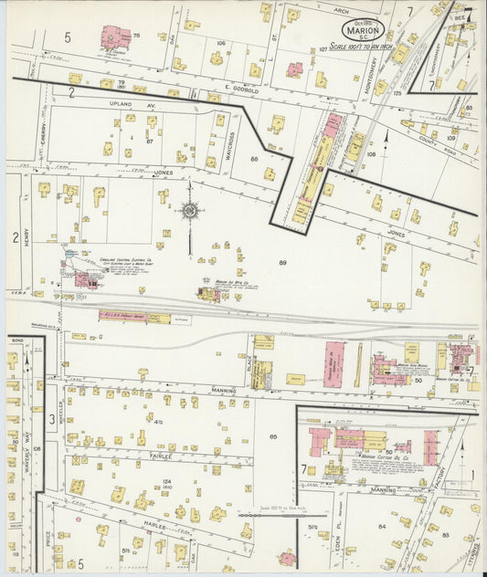 Sanborn Fire Insurance Map from Marion, Marion County, South Carolina (1915), Sheet #0007 - Historic Sanborn Fire Insurance Map Print, vintage old map wall art, antique decor, genealogy gift, South Carolina South Carolina map