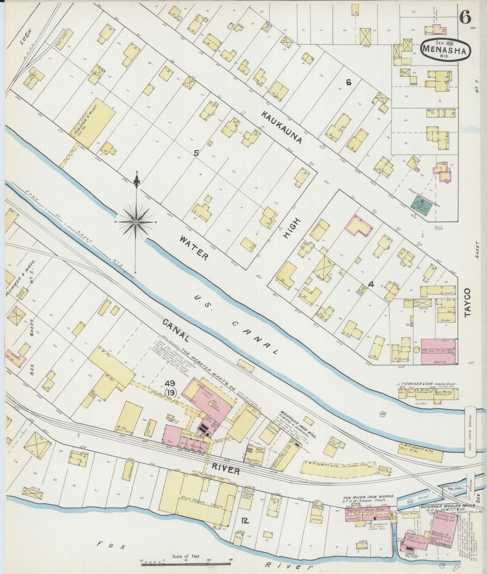 Sanborn Fire Insurance Map from Menasha, Winnebago County, Wisconsin (1891), Sheet #0006 - Complete Map Set gallery image, historic Sanborn map, vintage wall art, Wisconsin Wisconsin