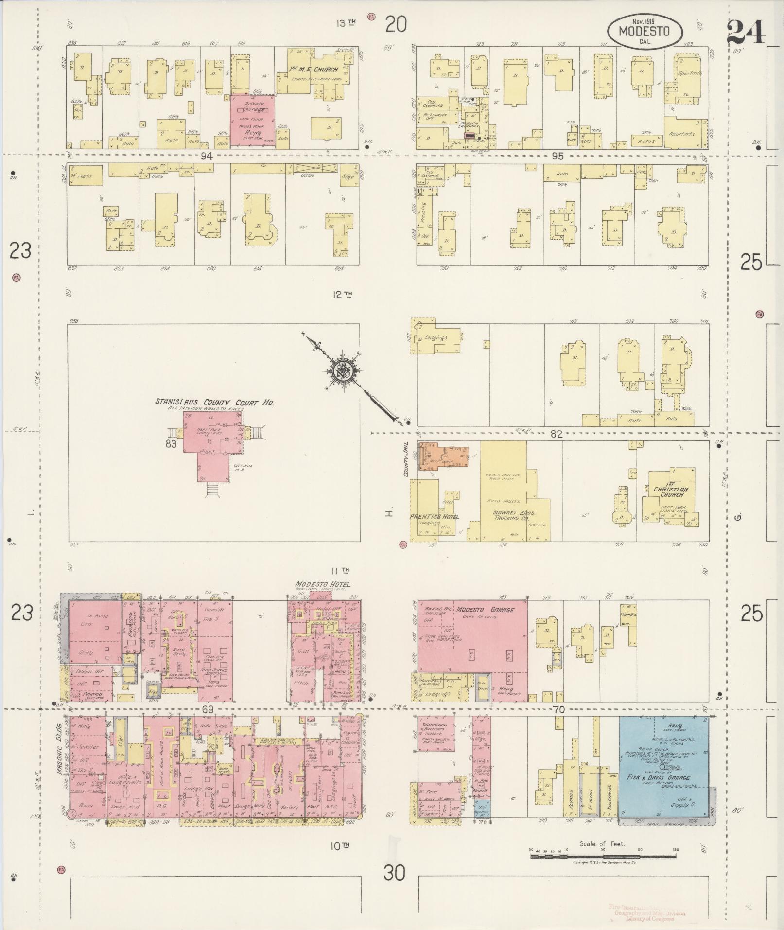 Sanborn Fire Insurance Map from Modesto, Stanislaus County, California (1919), Sheet #0024 - Complete Map Set gallery image, historic Sanborn map, vintage wall art, California California