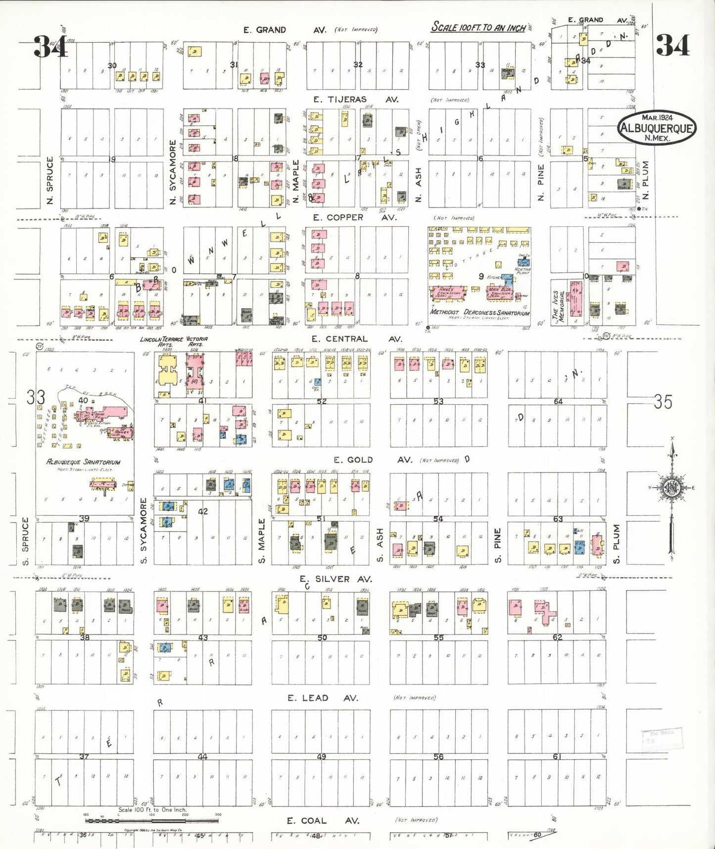 Sanborn Fire Insurance Map from Albuquerque, Bernalillo County, New Mexico (1924), Sheet #0034 - Historic Sanborn Fire Insurance Map Print, vintage old map wall art, antique decor, genealogy gift, New Mexico New Mexico map
