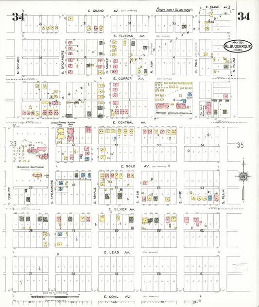 Sanborn Fire Insurance Map from Albuquerque, Bernalillo County, New Mexico (1924), Sheet #0034 - Historic Sanborn Fire Insurance Map Print, vintage old map wall art, antique decor, genealogy gift, New Mexico New Mexico map