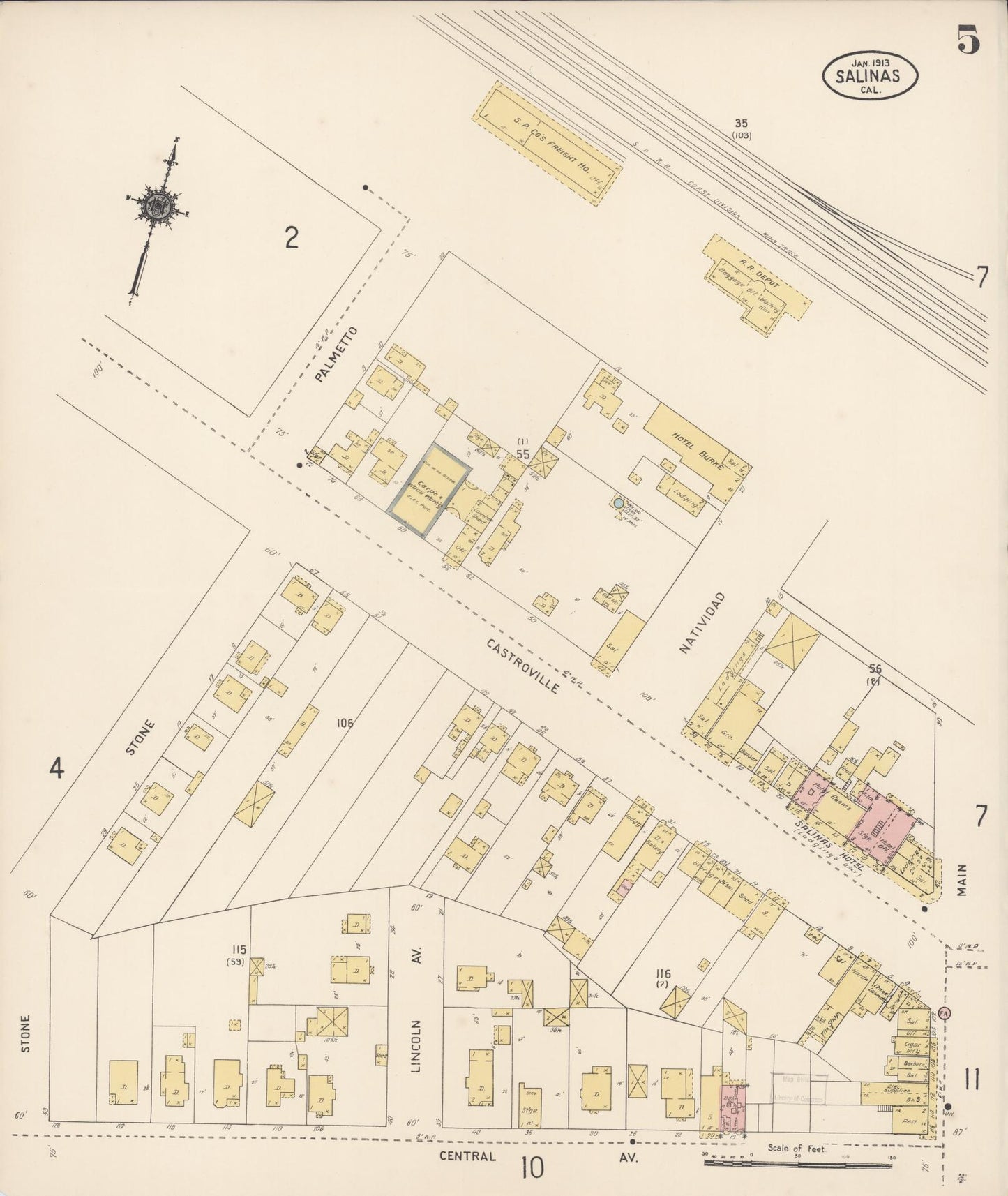 Sanborn Fire Insurance Map from Salinas, Monterey County, California (1913), Sheet #0005 - Complete Map Set gallery image, historic Sanborn map, vintage wall art, California California