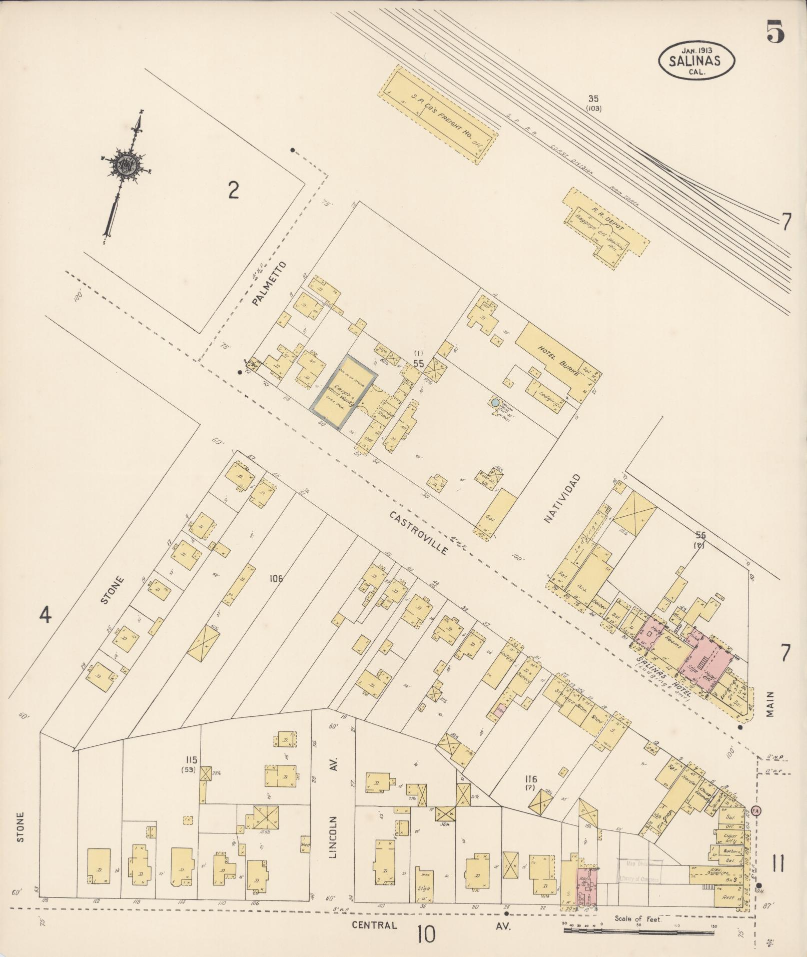 Sanborn Fire Insurance Map from Salinas, Monterey County, California (1913), Sheet #0005 - Complete Map Set gallery image, historic Sanborn map, vintage wall art, California California