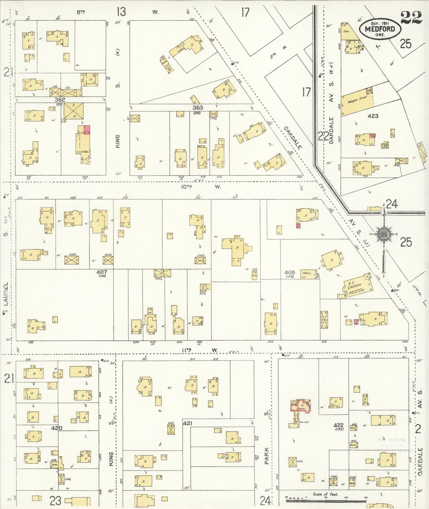 Sanborn Fire Insurance Map from Medford, Jackson County, Oregon (1911), Sheet #0022 - Historic Sanborn Fire Insurance Map Print, vintage old map wall art, antique decor, genealogy gift, Oregon Oregon map