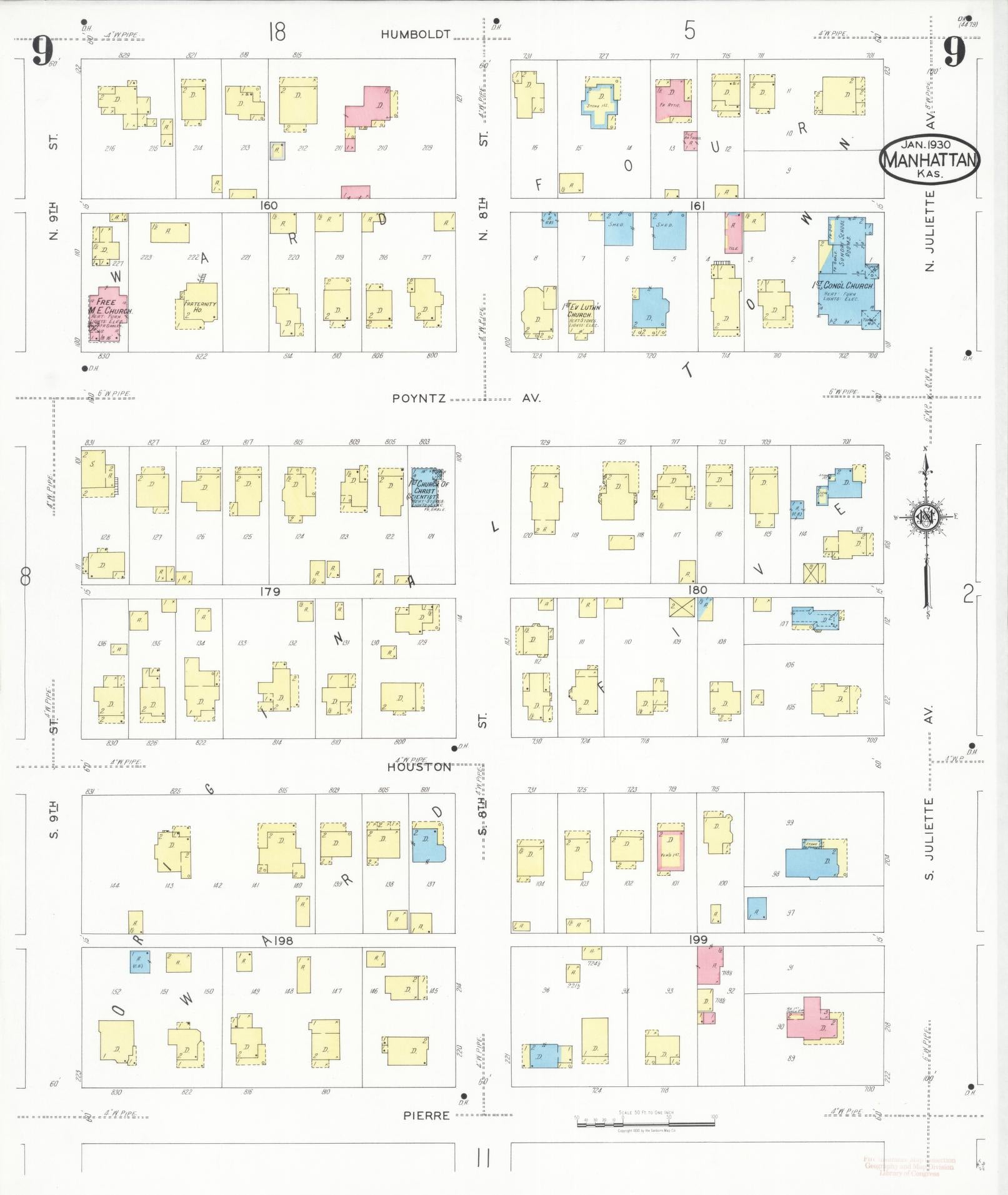 Sanborn Fire Insurance Map from Manhattan, Riley County, Kansas (1930), Sheet #0009 - Complete Map Set gallery image, historic Sanborn map, vintage wall art, Kansas Kansas