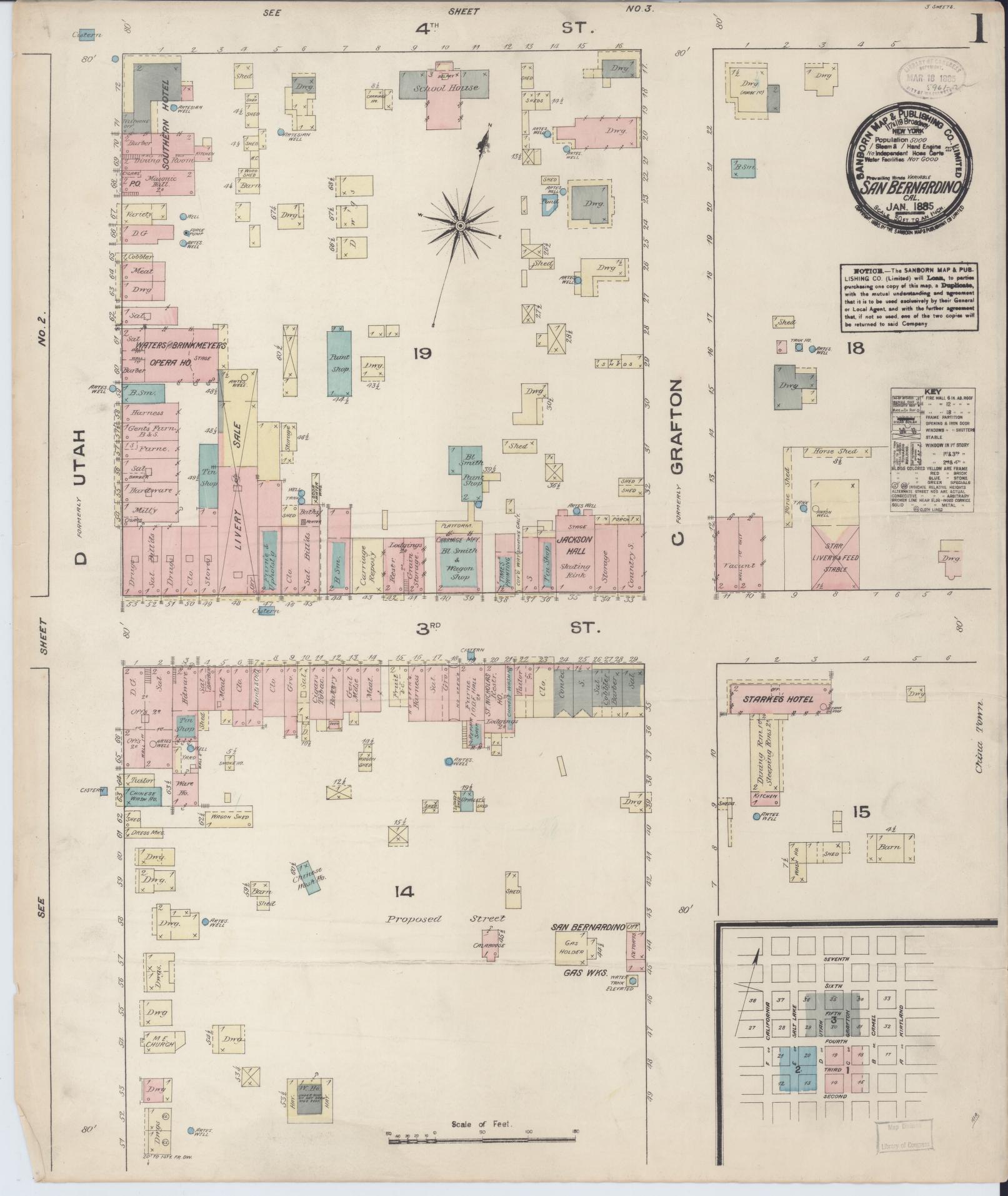 Sanborn Fire Insurance Map from San Bernardino, San Bernardino County, California (1885), Sheet #0001 - Complete Map Set gallery image, historic Sanborn map, vintage wall art, California California