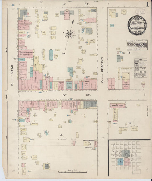 Sanborn Fire Insurance Map from San Bernardino, San Bernardino County, California (1885), Sheet #0001 - Complete Map Set gallery image, historic Sanborn map, vintage wall art, California California