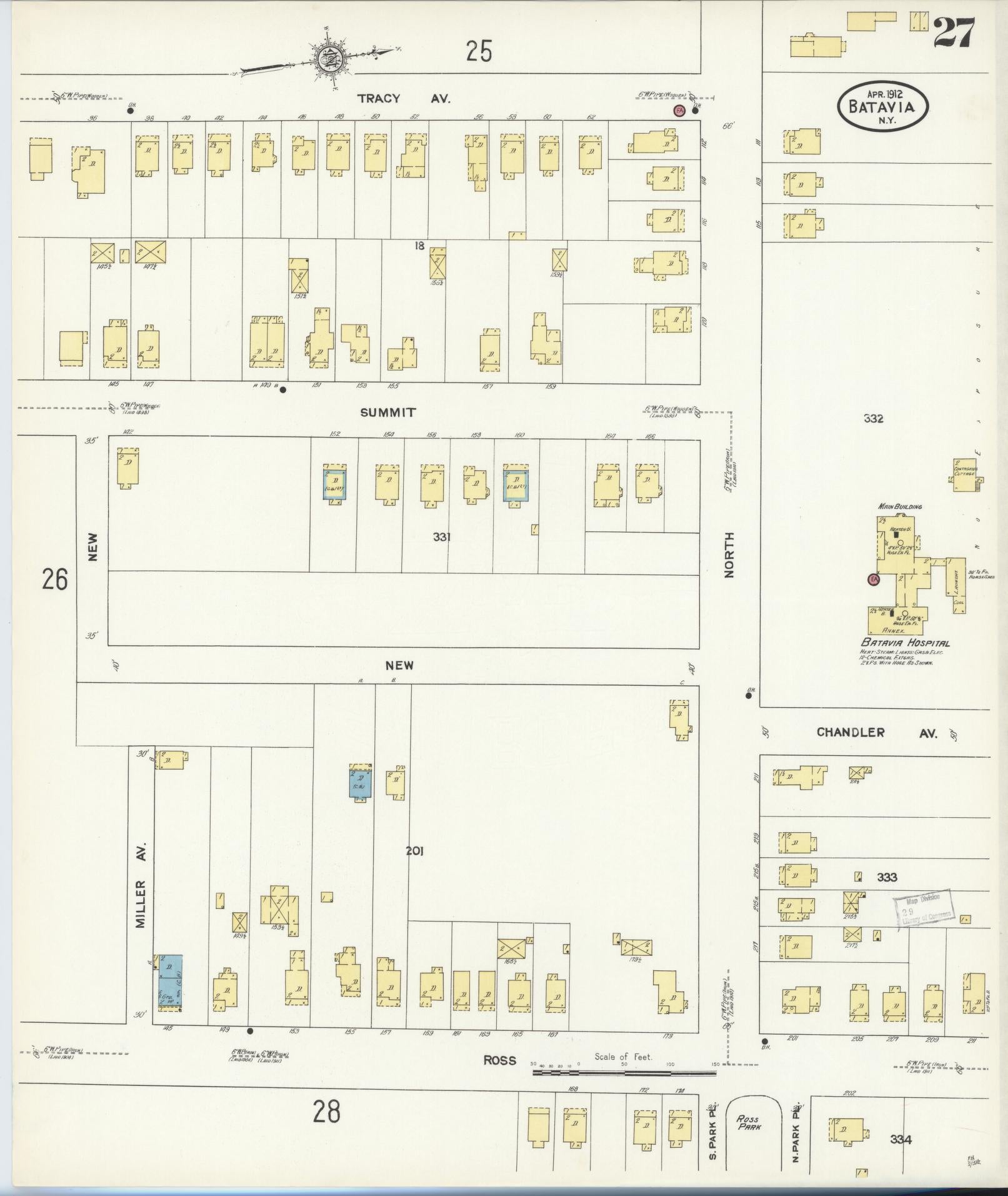 Sanborn Fire Insurance Map from Batavia, Genesee County, New York (1912), Sheet #0027 - Historic Sanborn Fire Insurance Map Print, vintage old map wall art, antique decor, genealogy gift, New York New York map