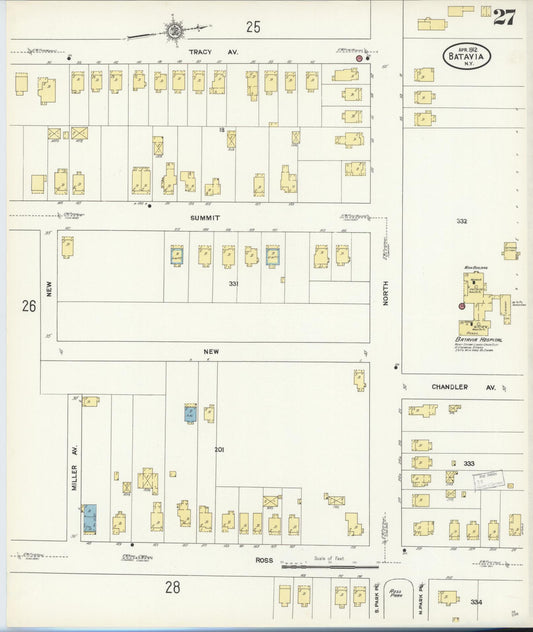 Sanborn Fire Insurance Map from Batavia, Genesee County, New York (1912), Sheet #0027 - Historic Sanborn Fire Insurance Map Print, vintage old map wall art, antique decor, genealogy gift, New York New York map