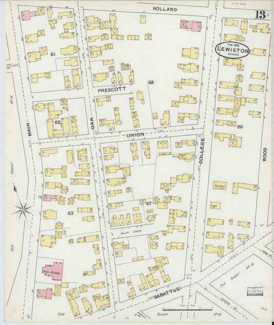 Sanborn Fire Insurance Map from Lewiston, Androscoggin County, Maine (1892), Sheet #0013 - Historic Sanborn Fire Insurance Map Print, vintage old map wall art, antique decor, genealogy gift, Maine Maine map