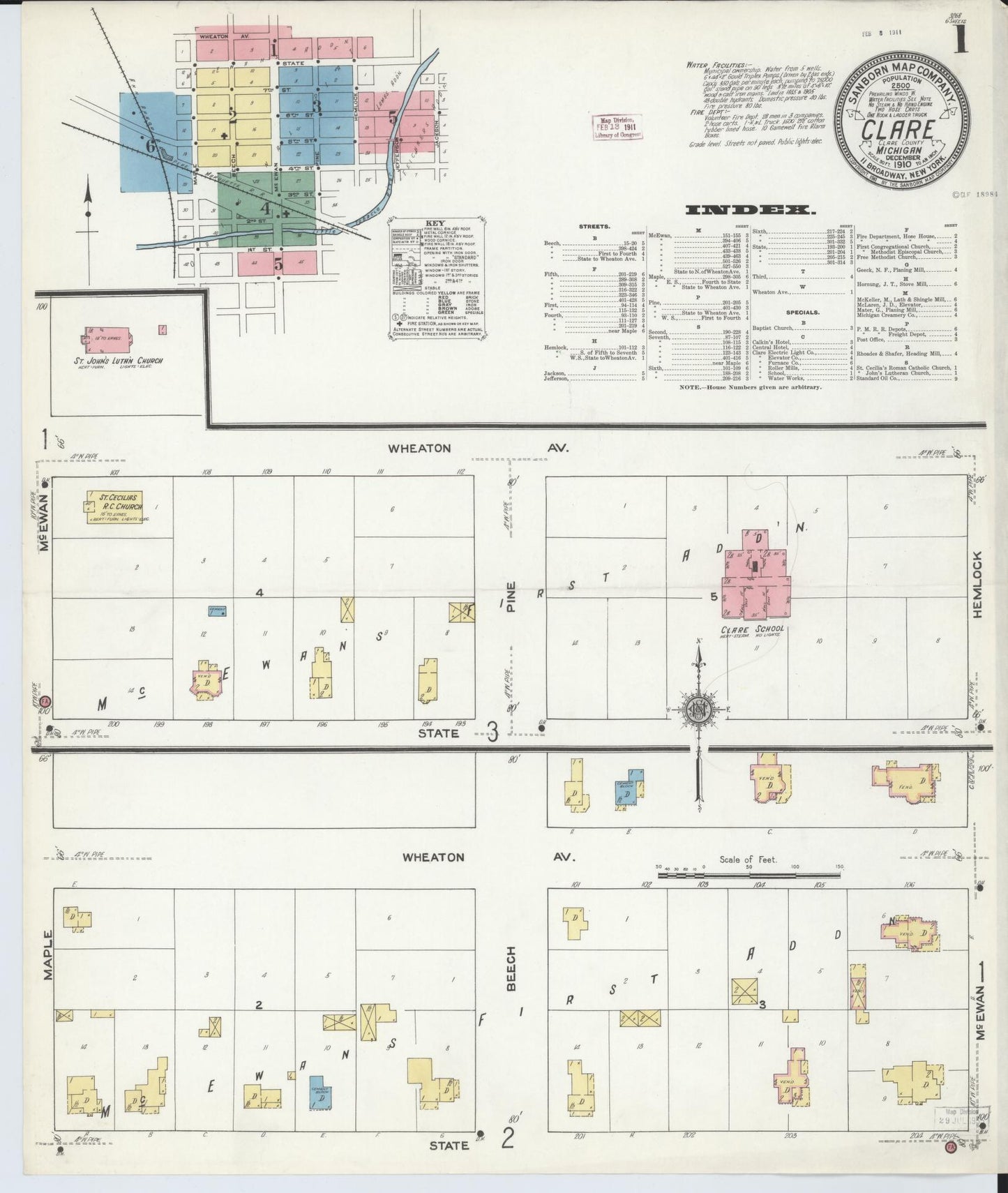 Sanborn Fire Insurance Map from Clare, Clare County, Michigan (1910), Sheet #0001 - Historic Sanborn Fire Insurance Map Print, vintage old map wall art, antique decor, genealogy gift, Michigan Michigan map