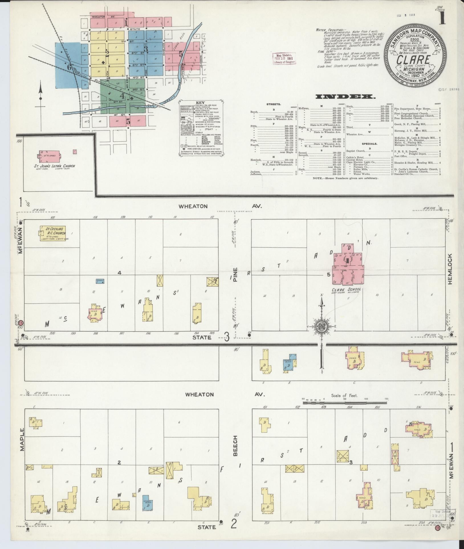 Sanborn Fire Insurance Map from Clare, Clare County, Michigan (1910), Sheet #0001 - Historic Sanborn Fire Insurance Map Print, vintage old map wall art, antique decor, genealogy gift, Michigan Michigan map