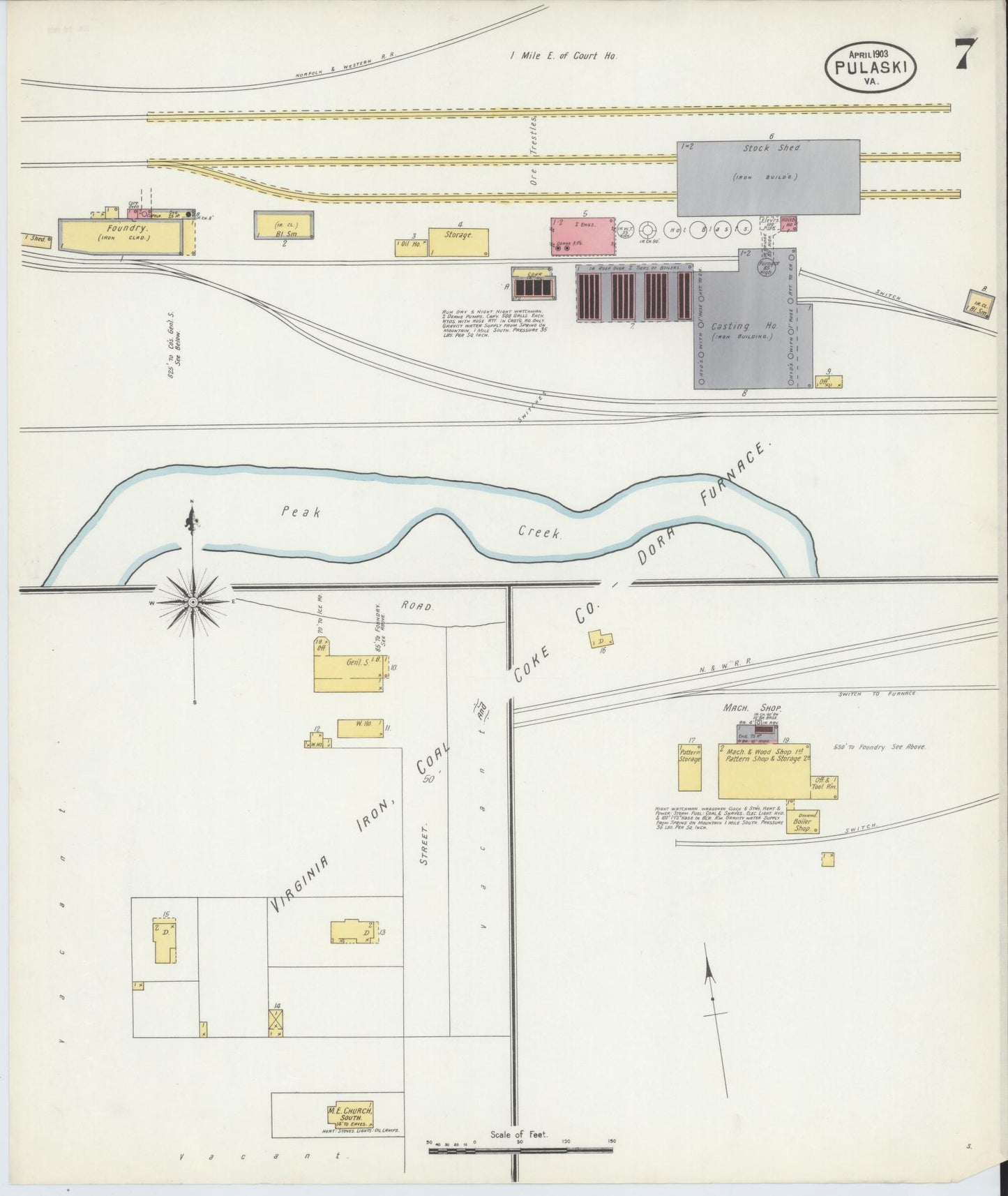 Sanborn Fire Insurance Map from Pulaski, Pulaski County, Virginia (1903), Sheet #0007 - Historic Sanborn Fire Insurance Map Print, vintage old map wall art, antique decor, genealogy gift, Virginia Virginia map