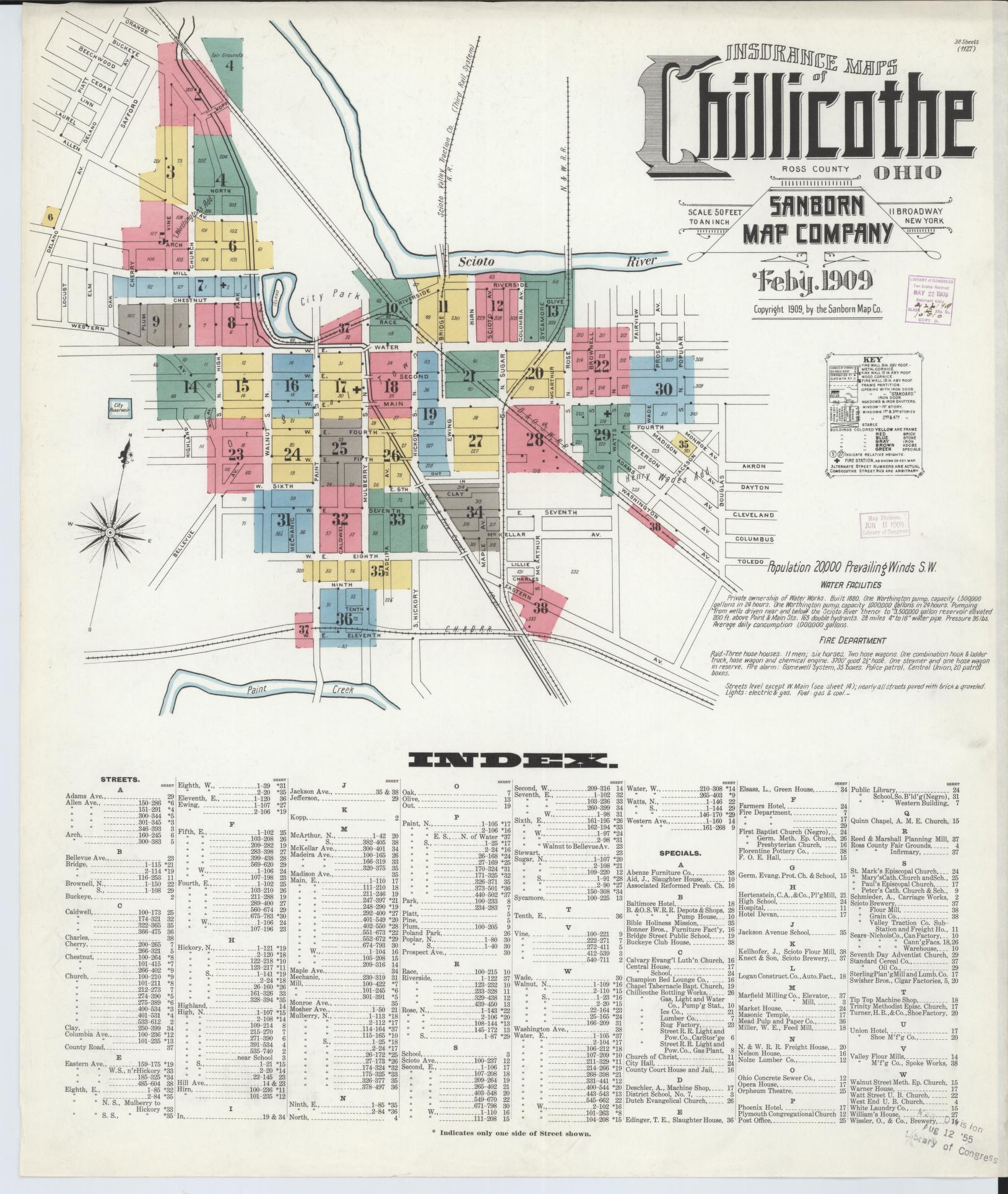 Sanborn Fire Insurance Map from Chillicothe, Ross County, Ohio (1909), Sheet #0001 - Historic Sanborn Fire Insurance Map Print, vintage old map wall art, antique decor, genealogy gift, Ohio Ohio map