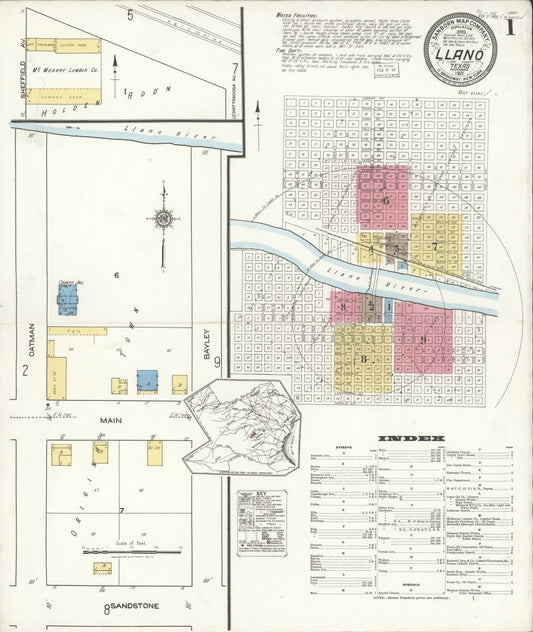 Sanborn Fire Insurance Map from Llano, Llano County, Texas (1921), Sheet #0001 - Complete Map Set gallery image, historic Sanborn map, vintage wall art, Texas Texas