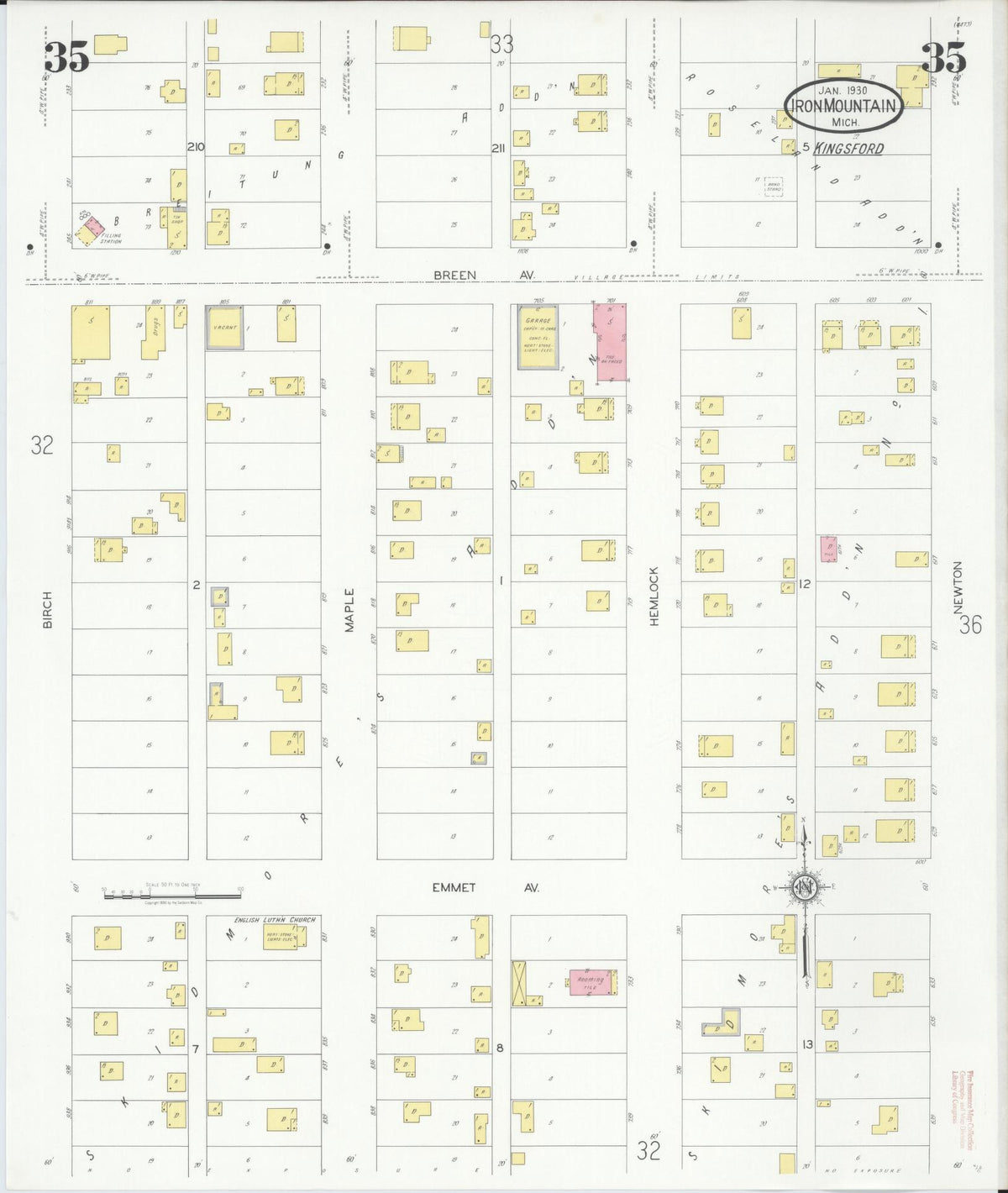 Sanborn Fire Insurance Map from Iron Mountain, Dickinson County, Michigan (1930), Sheet #0035 - Historic Sanborn Fire Insurance Map Print, vintage old map wall art, antique decor, genealogy gift, Michigan Michigan map