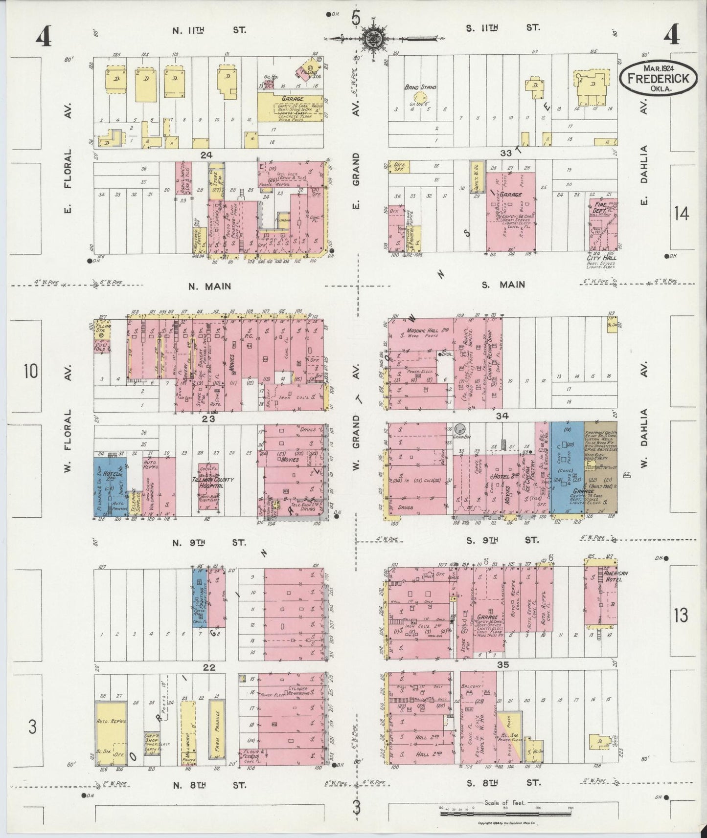 Sanborn Fire Insurance Map from Frederick, Tillman County, Oklahoma (1924), Sheet #0004 - Historic Sanborn Fire Insurance Map Print, vintage old map wall art, antique decor, genealogy gift, Oklahoma Oklahoma map