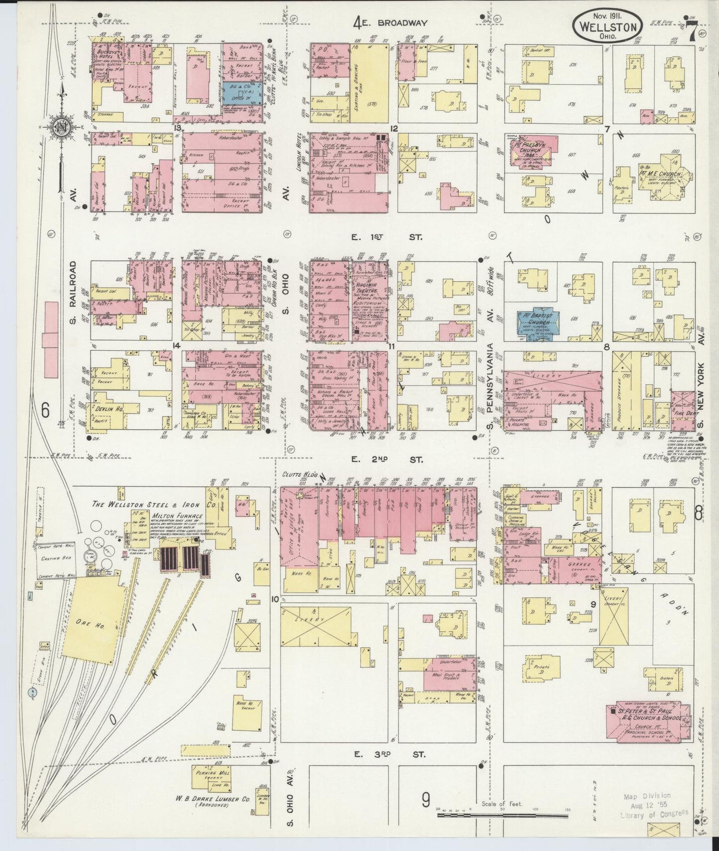 Sanborn Fire Insurance Map from Wellston, Jackson County, Ohio (1911), Sheet #0007 - Complete Map Set gallery image, historic Sanborn map, vintage wall art, Ohio Ohio