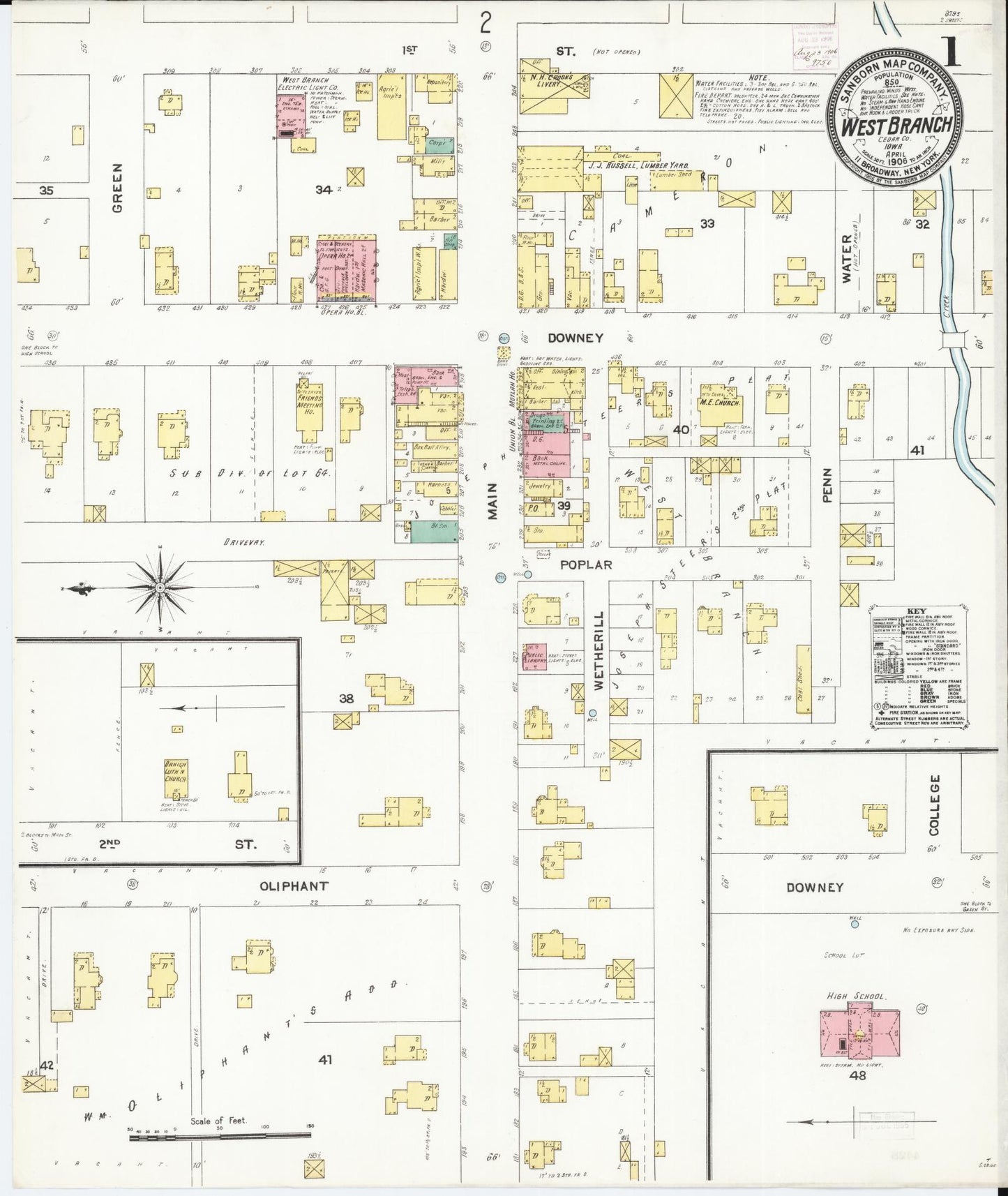 Sanborn Fire Insurance Map from West Branch, Cedar County, Iowa (1906), Sheet #0001 - Historic Sanborn Fire Insurance Map Print, vintage old map wall art