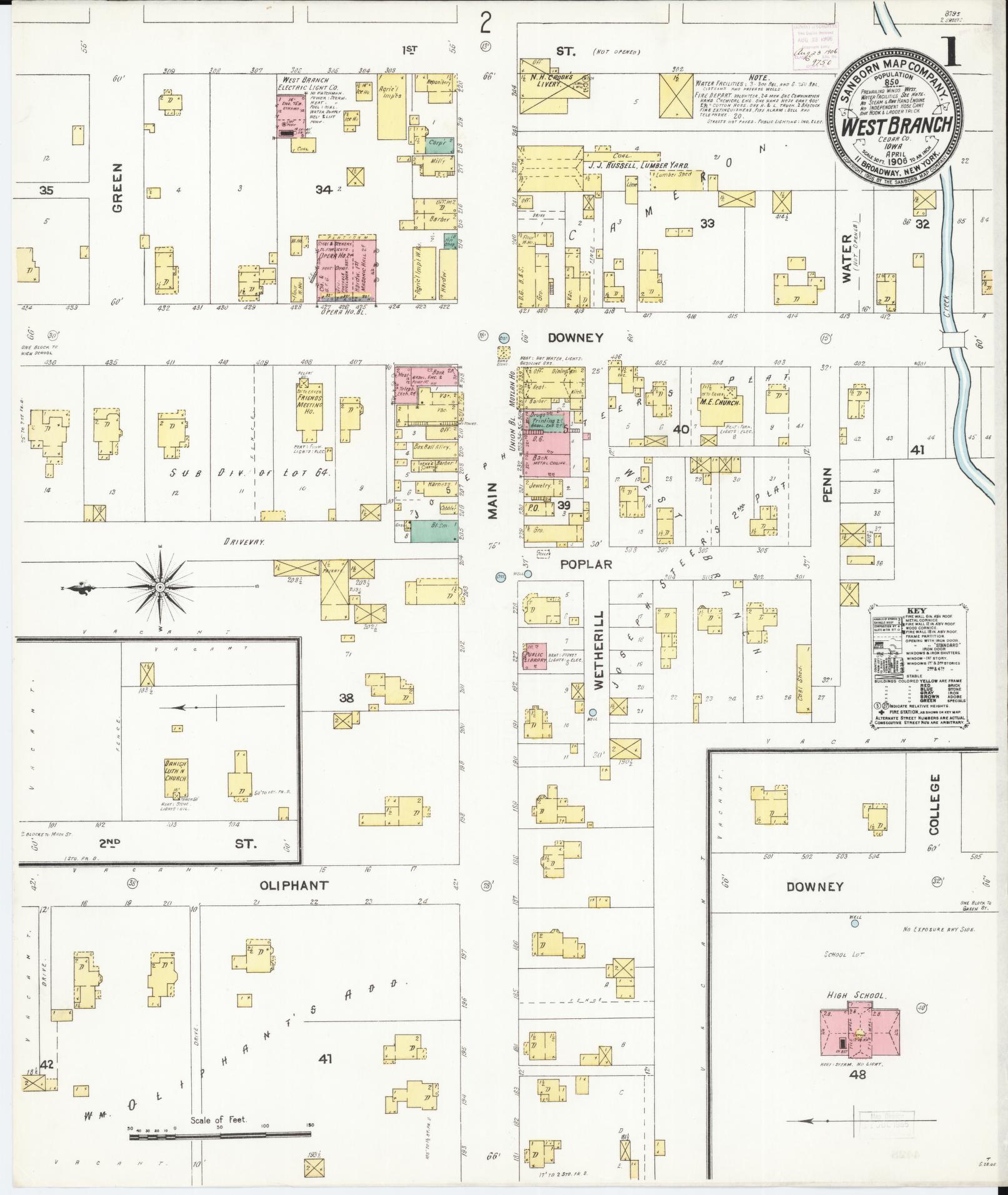 Sanborn Fire Insurance Map from West Branch, Cedar County, Iowa (1906), Sheet #0001 - Historic Sanborn Fire Insurance Map Print, vintage old map wall art