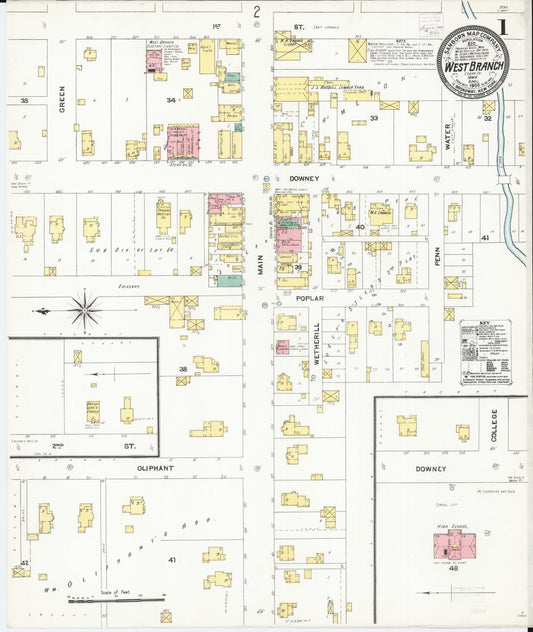 Sanborn Fire Insurance Map from West Branch, Cedar County, Iowa (1906), Sheet #0001 - Historic Sanborn Fire Insurance Map Print, vintage old map wall art