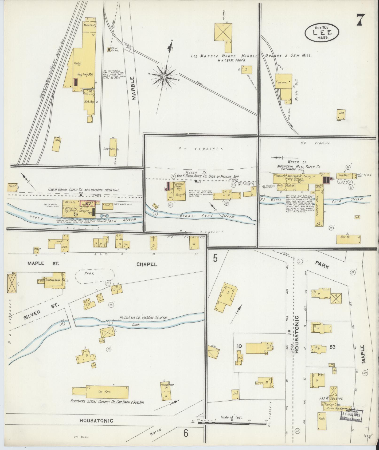 Sanborn Fire Insurance Map from Lee, Berkshire County, Massachusetts (1905), Sheet #0007 - Complete Map Set gallery image, historic Sanborn map, vintage wall art, Massachusetts Massachusetts