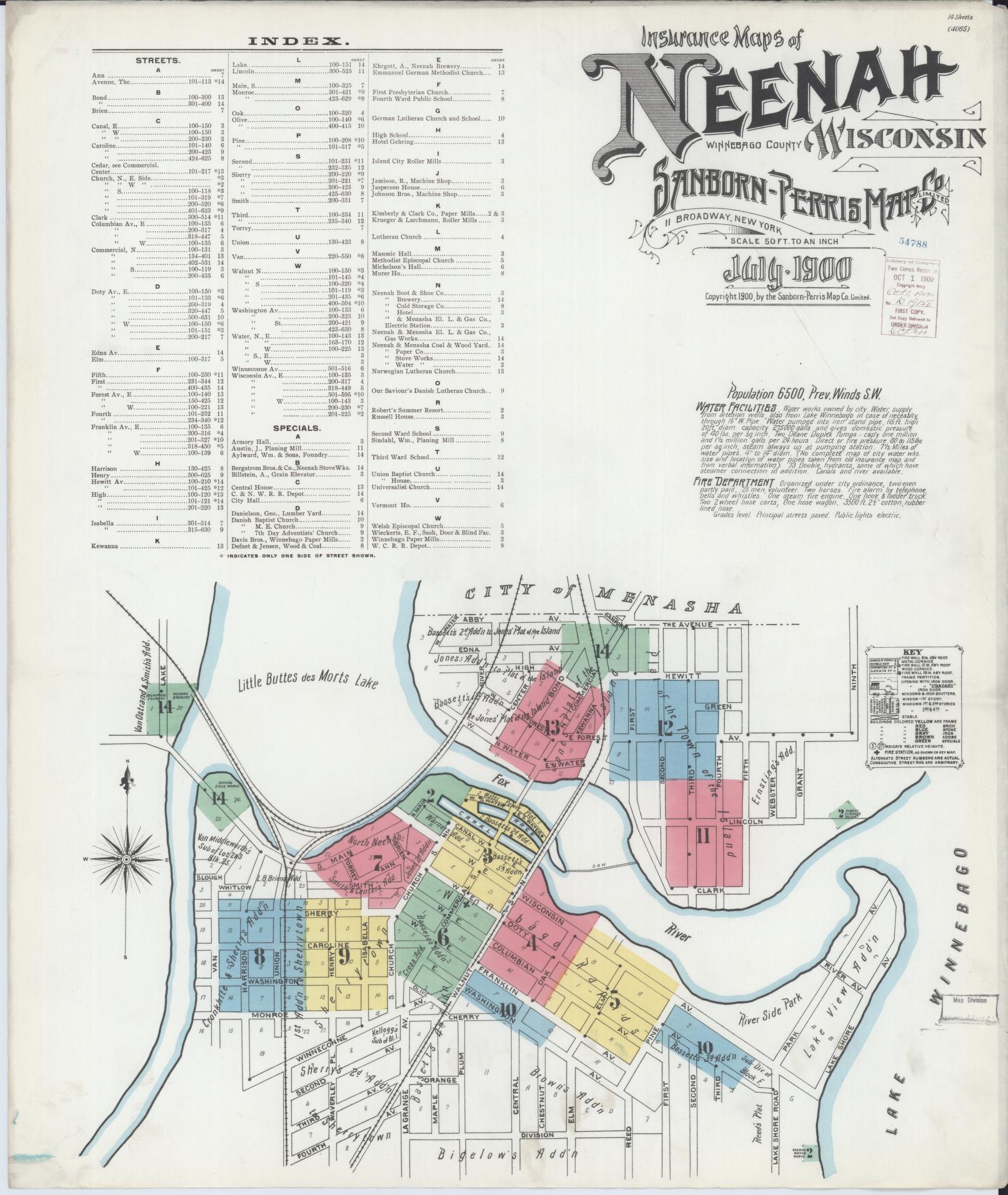 Sanborn Fire Insurance Map from Neenah, Winnebago County, Wisconsin (1900), Sheet #0001 - Complete Map Set gallery image, historic Sanborn map, vintage wall art, Wisconsin Wisconsin