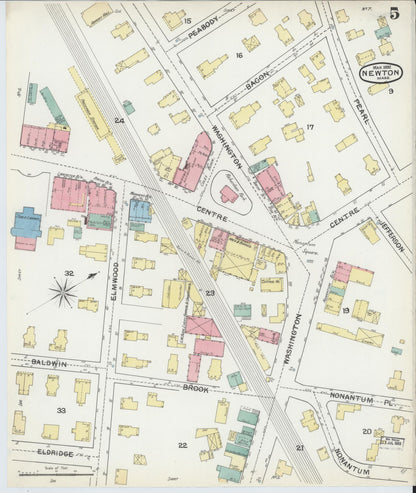 Sanborn Fire Insurance Map from Newton, Middlesex County, Massachusetts (1892), Sheet #0005 - Historic Sanborn Fire Insurance Map Print, vintage old map wall art, antique decor, genealogy gift, Massachusetts Massachusetts map