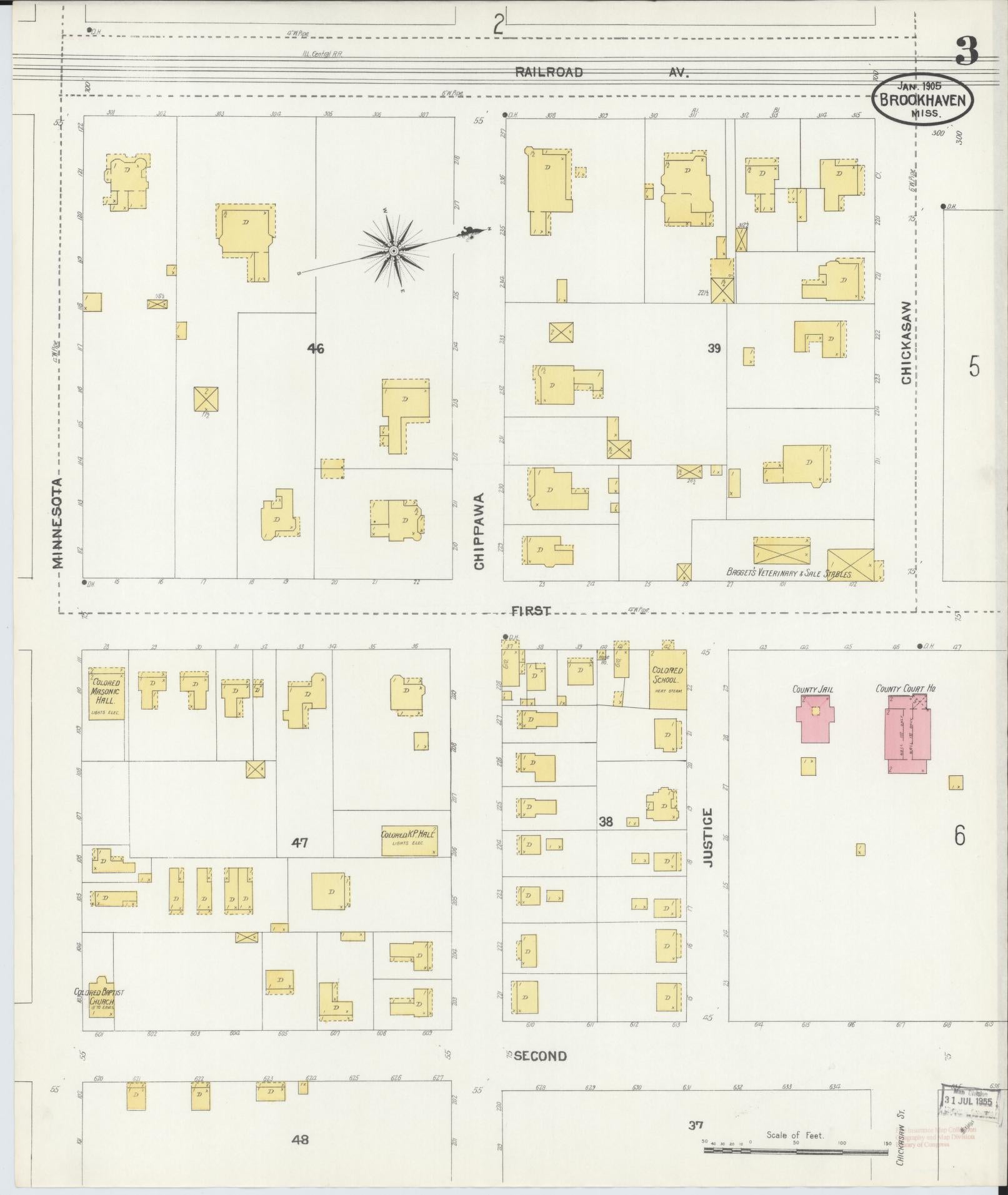 Sanborn Fire Insurance Map from Brookhaven, Lincoln County, Mississippi (1905), Sheet #0003 - Historic Sanborn Fire Insurance Map Print, vintage old map wall art, antique decor, genealogy gift, Mississippi Mississippi map