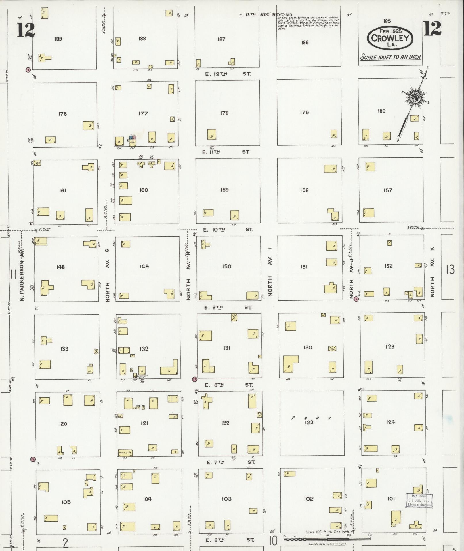 Sanborn Fire Insurance Map from Crowley, Acadia Parish, Louisiana (1925), Sheet #0012 - Historic Sanborn Fire Insurance Map Print, vintage old map wall art, antique decor, genealogy gift, Louisiana Louisiana map