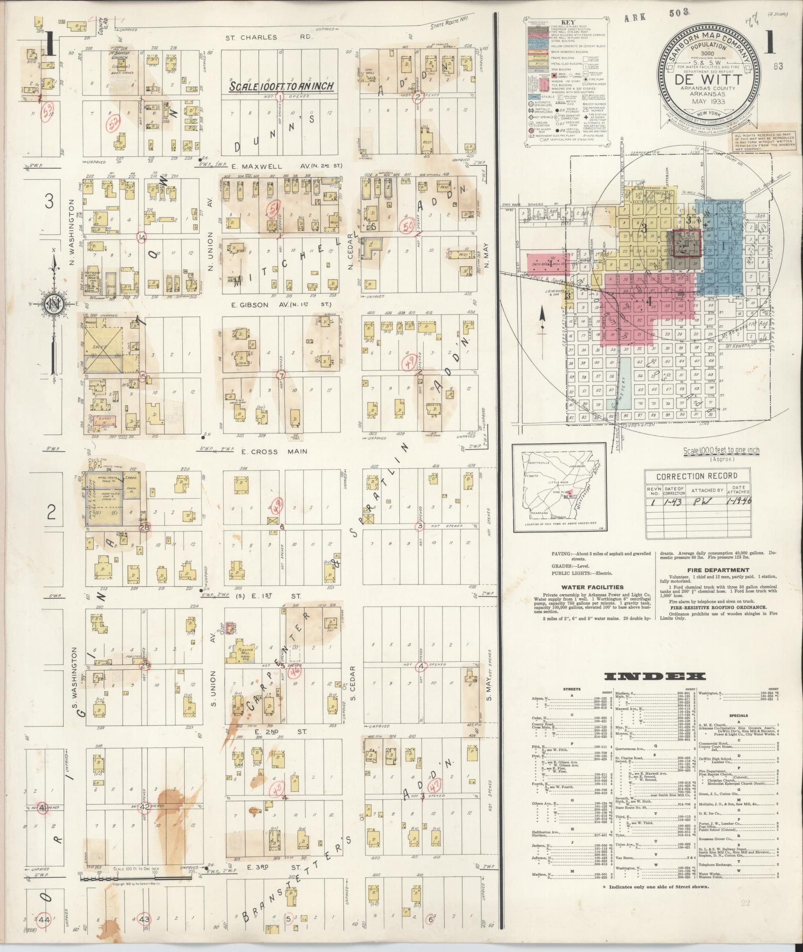 Sanborn Fire Insurance Map from De Witt, Arkansas County, Arkansas (1943), Sheet #0001 - Historic Sanborn Fire Insurance Map Print, vintage old map wall art, antique decor, genealogy gift, De Witt Arkansas map