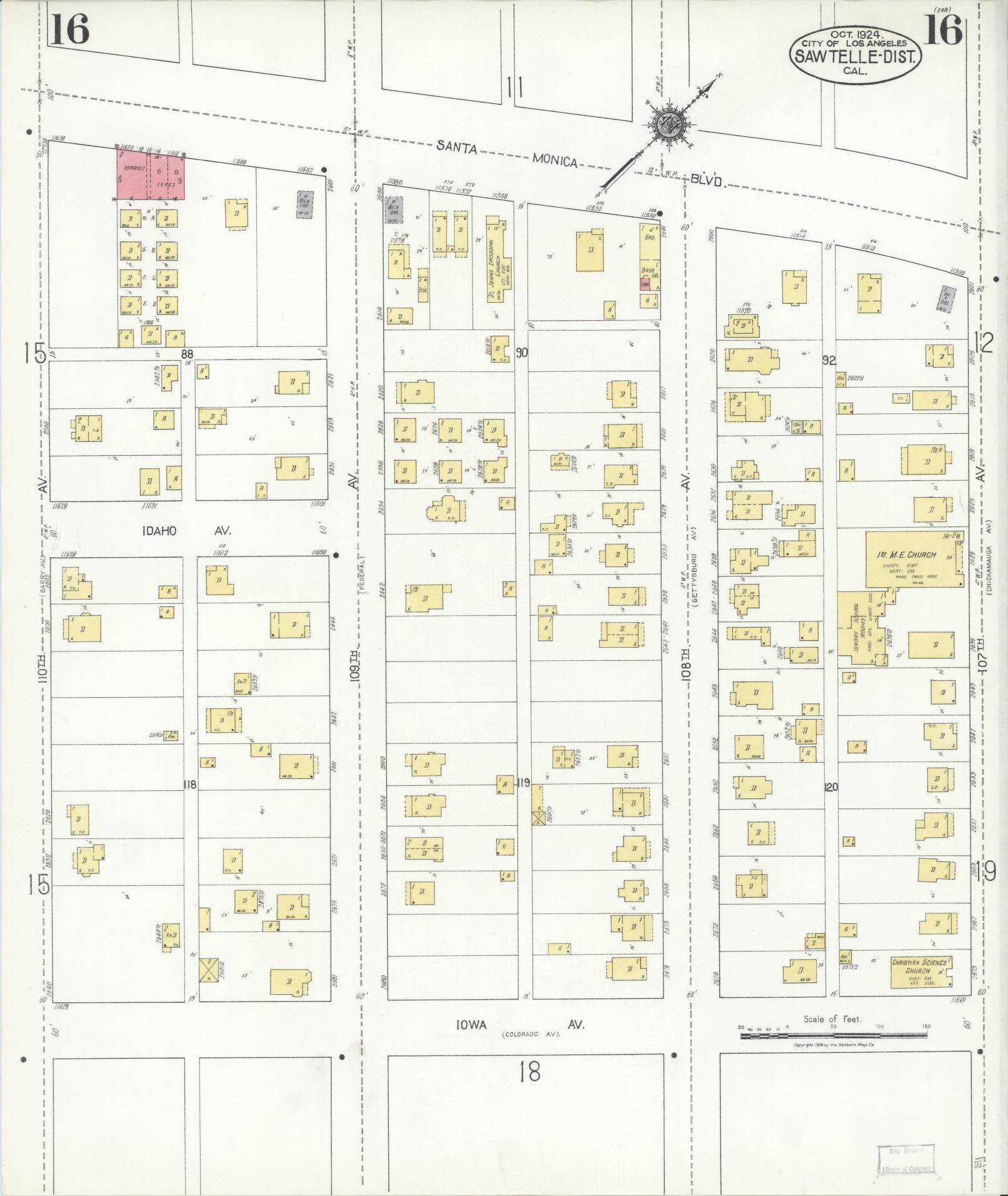 Sanborn Fire Insurance Map from Sawtelle, Los Angeles County, California (1924), Sheet #0016 - Complete Map Set gallery image, historic Sanborn map, vintage wall art, California California