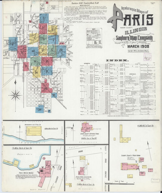 Sanborn Fire Insurance Map from Paris, Edgar County, Illinois (1908), Sheet #0001 - Historic Sanborn Fire Insurance Map Print, vintage old map wall art, antique decor, genealogy gift, Illinois Illinois map