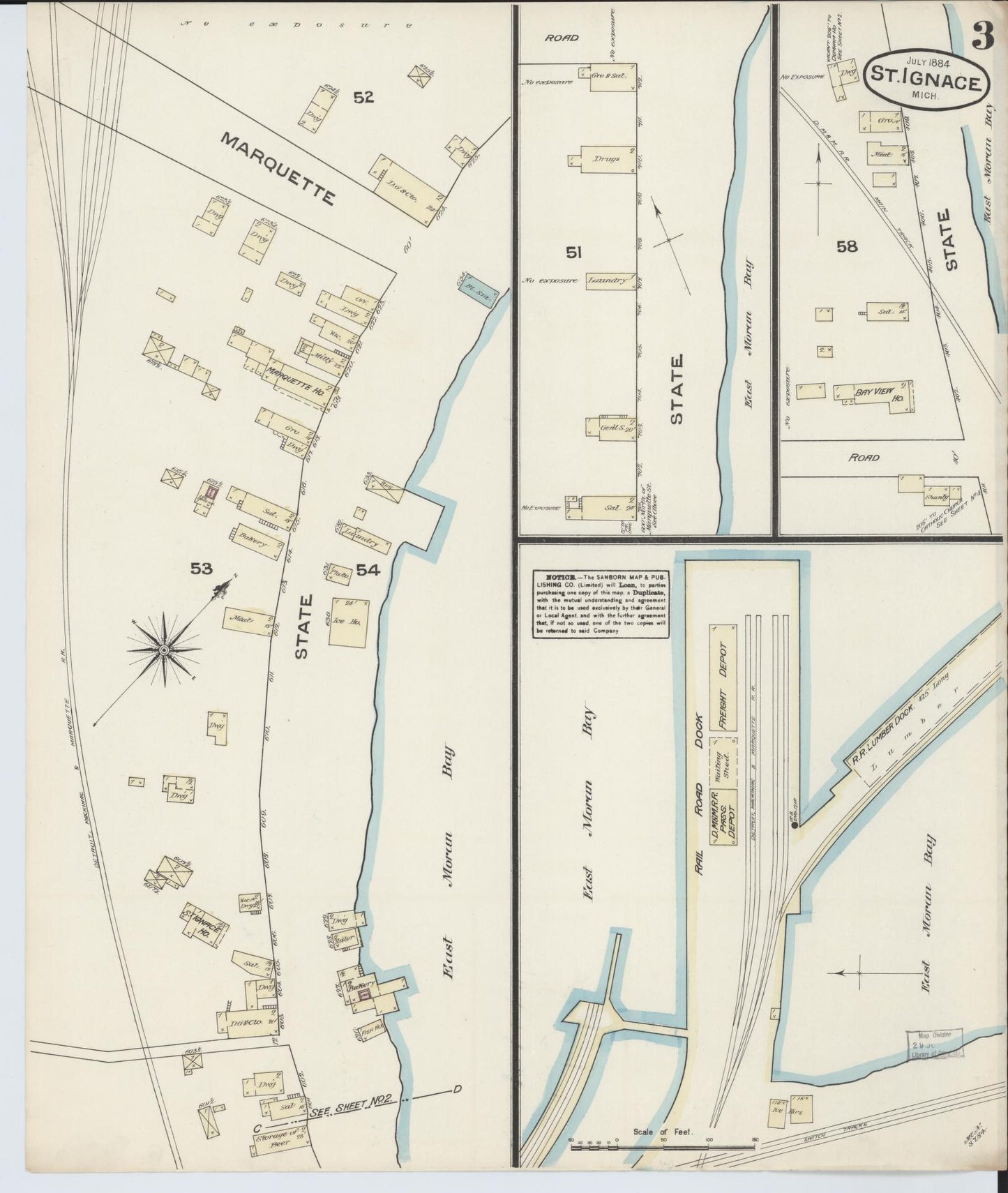 Sanborn Fire Insurance Map from Saint Ignace, Mackinac County, Michigan (1884), Sheet #0003 - Complete Map Set gallery image, historic Sanborn map, vintage wall art, Michigan Michigan