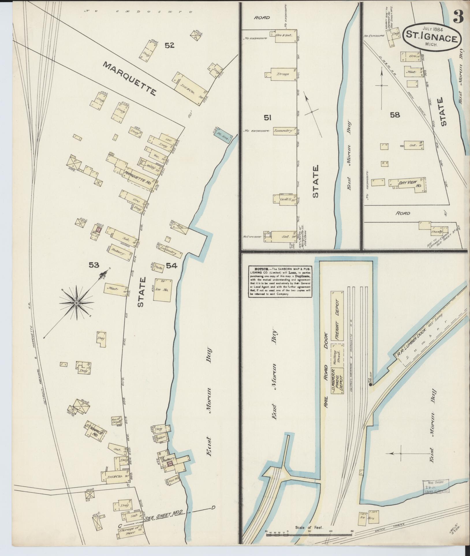 Sanborn Fire Insurance Map from Saint Ignace, Mackinac County, Michigan (1884), Sheet #0003 - Complete Map Set gallery image, historic Sanborn map, vintage wall art, Michigan Michigan