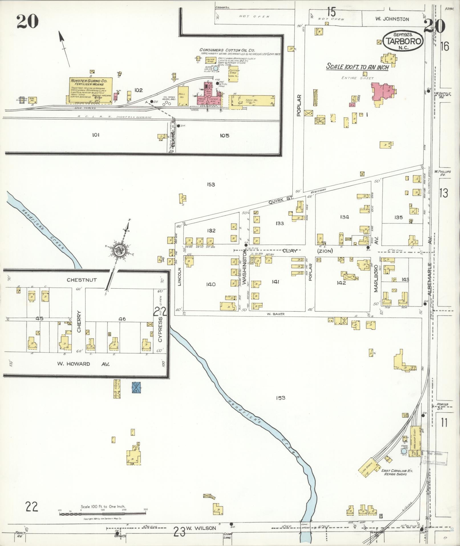 Sanborn Fire Insurance Map from Tarboro, Edgecombe County, North Carolina (1923), Sheet #0020 - Complete Map Set gallery image, historic Sanborn map, vintage wall art, North Carolina North Carolina