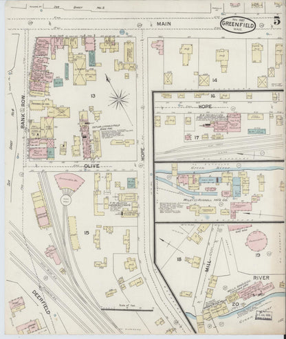 Sanborn Fire Insurance Map from Greenfield, Franklin County, Massachusetts (1887), Sheet #0005 - Historic Sanborn Fire Insurance Map Print, vintage old map wall art, antique decor, genealogy gift, Massachusetts Massachusetts map