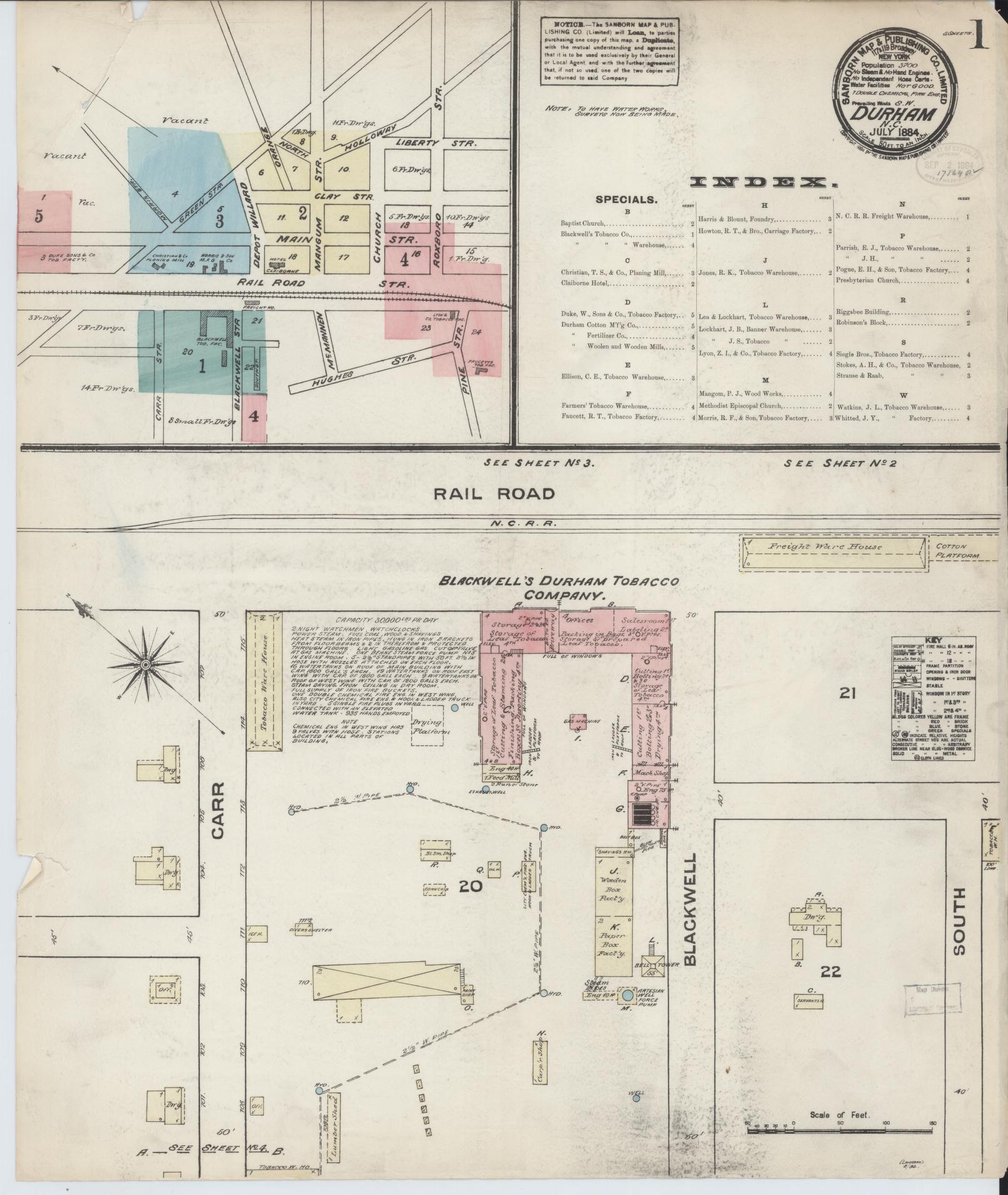 Sanborn Fire Insurance Map from Durham, Durham County, North Carolina (1884), Sheet #0001 - Complete Map Set gallery image, historic Sanborn map, vintage wall art, North Carolina North Carolina