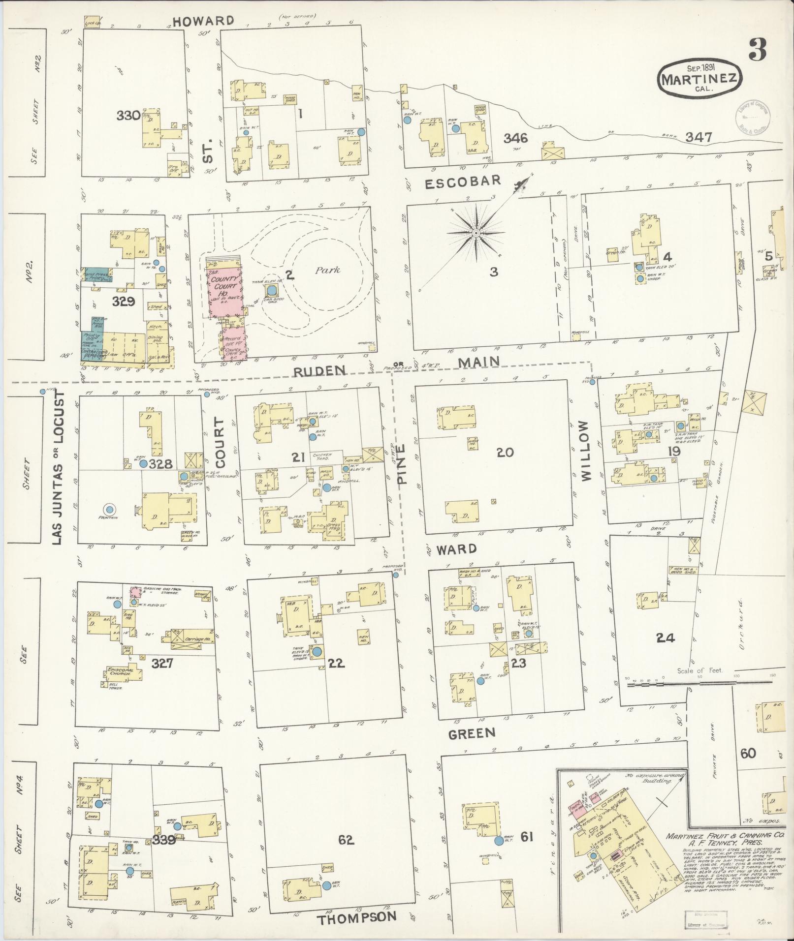 Sanborn Fire Insurance Map from Martinez, Contra Costa County, California (1891), Sheet #0003 - Historic Sanborn Fire Insurance Map Print, vintage old map wall art, antique decor, genealogy gift, California California map