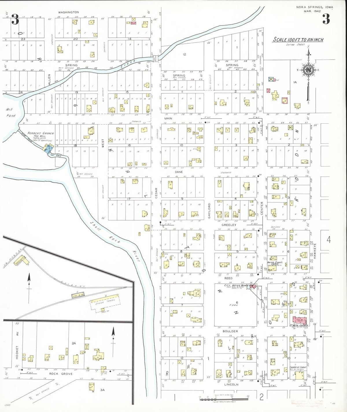 Sanborn Fire Insurance Map from Nora Springs, Floyd County, Iowa (1942), Sheet #0003 - Historic Sanborn Fire Insurance Map Print, vintage old map wall art