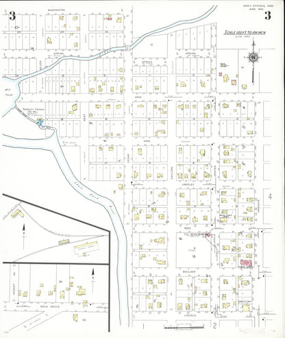 Sanborn Fire Insurance Map from Nora Springs, Floyd County, Iowa (1942), Sheet #0003 - Historic Sanborn Fire Insurance Map Print, vintage old map wall art