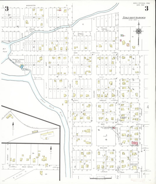 Sanborn Fire Insurance Map from Nora Springs, Floyd County, Iowa (1942), Sheet #0003 - Historic Sanborn Fire Insurance Map Print, vintage old map wall art