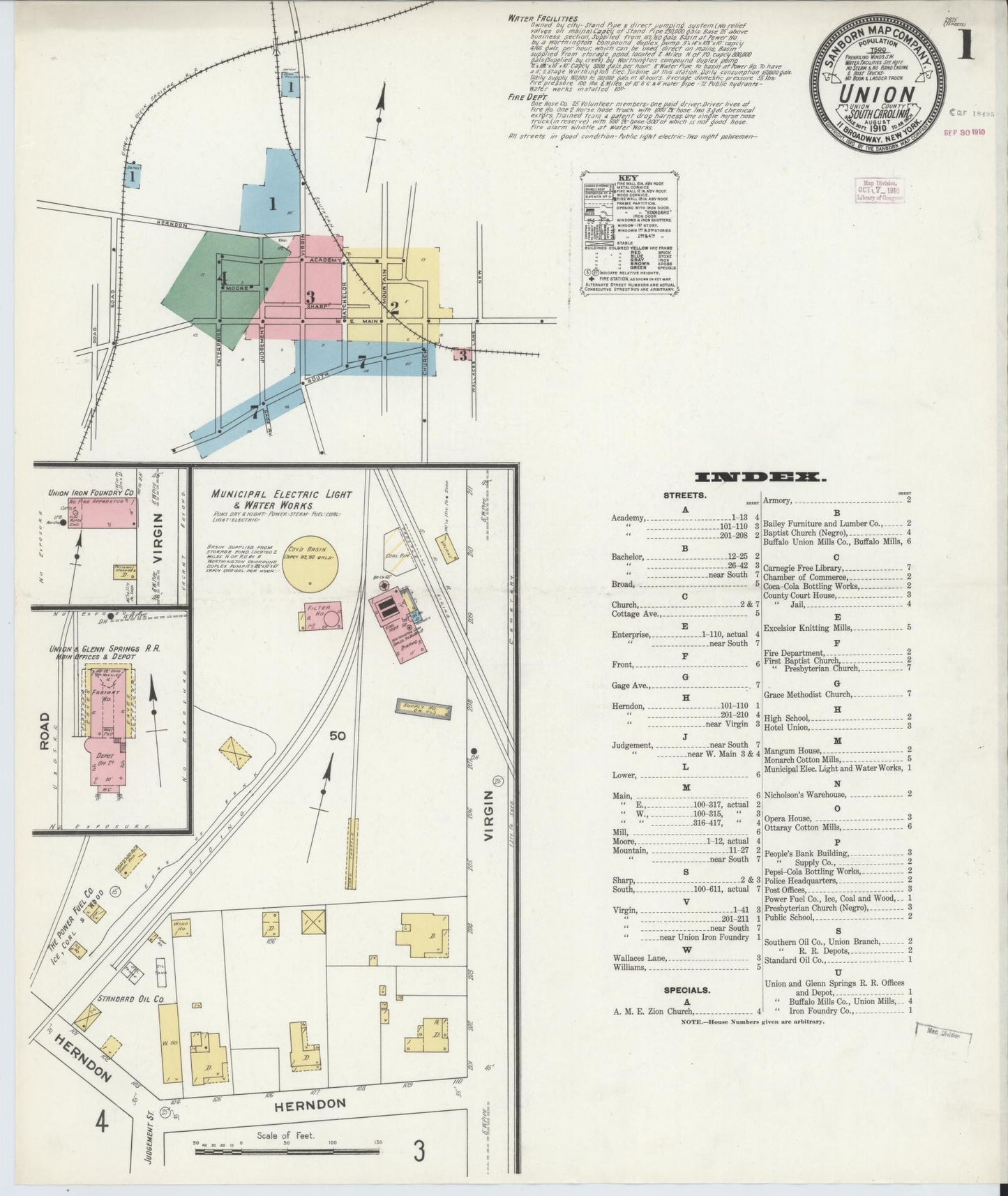 Sanborn Fire Insurance Map from Union, Union County, South Carolina (1910), Sheet #0001 - Complete Map Set gallery image, historic Sanborn map, vintage wall art, South Carolina South Carolina