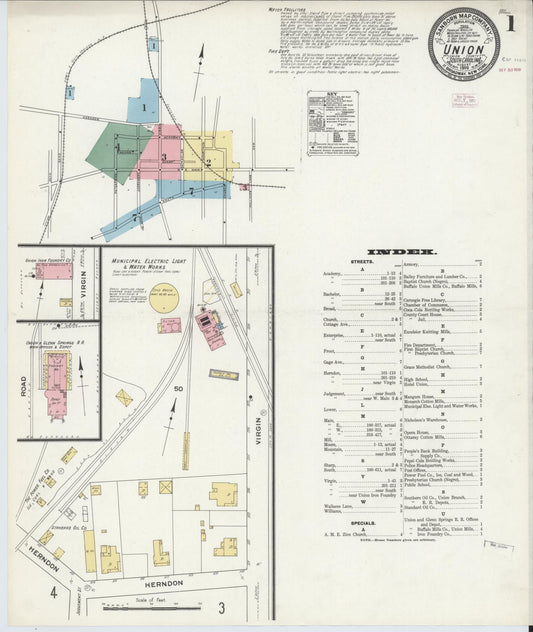 Sanborn Fire Insurance Map from Union, Union County, South Carolina (1910), Sheet #0001 - Complete Map Set gallery image, historic Sanborn map, vintage wall art, South Carolina South Carolina