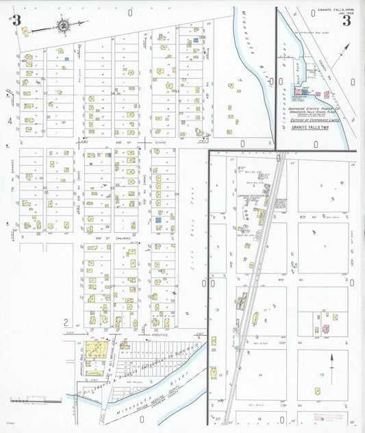 Sanborn Fire Insurance Map from Granite Falls, Yellow Medicine And Chippewa Counties, Minnesota (1949), Sheet #0003 - Historic Sanborn Fire Insurance Map Print, vintage old map wall art, antique decor, genealogy gift, Minnesota Minnesota map
