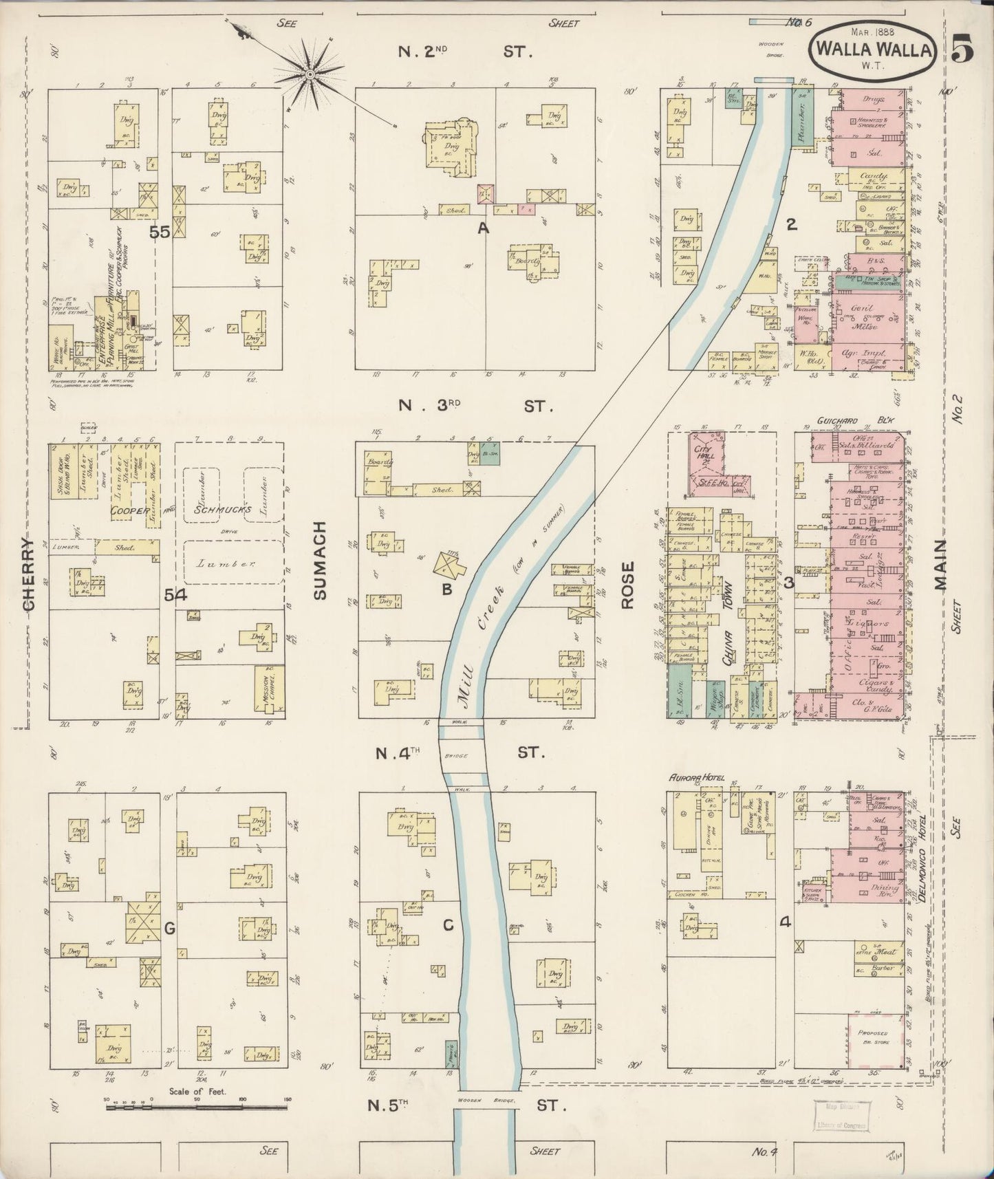 Sanborn Fire Insurance Map from Walla Walla, Walla Walla County, Washington (1888), Sheet #0005 - Complete Map Set gallery image, historic Sanborn map, vintage wall art, Washington Washington