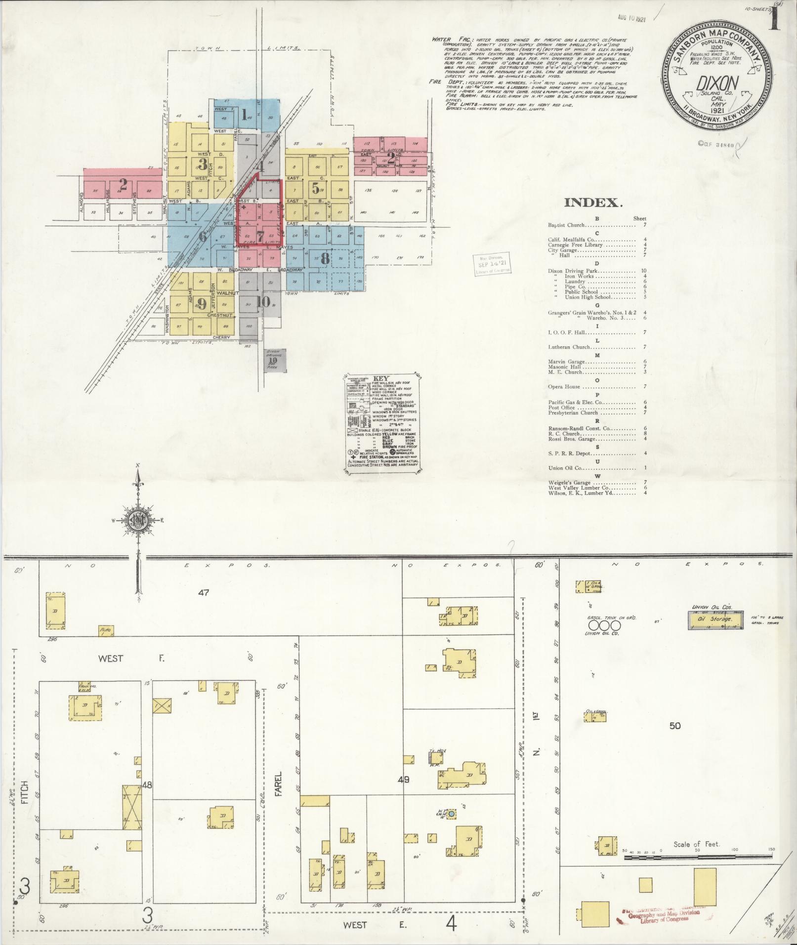Sanborn Fire Insurance Map from Dixon, Solano County, California (1921), Sheet #0001 - Complete Map Set gallery image, historic Sanborn map, vintage wall art, California California