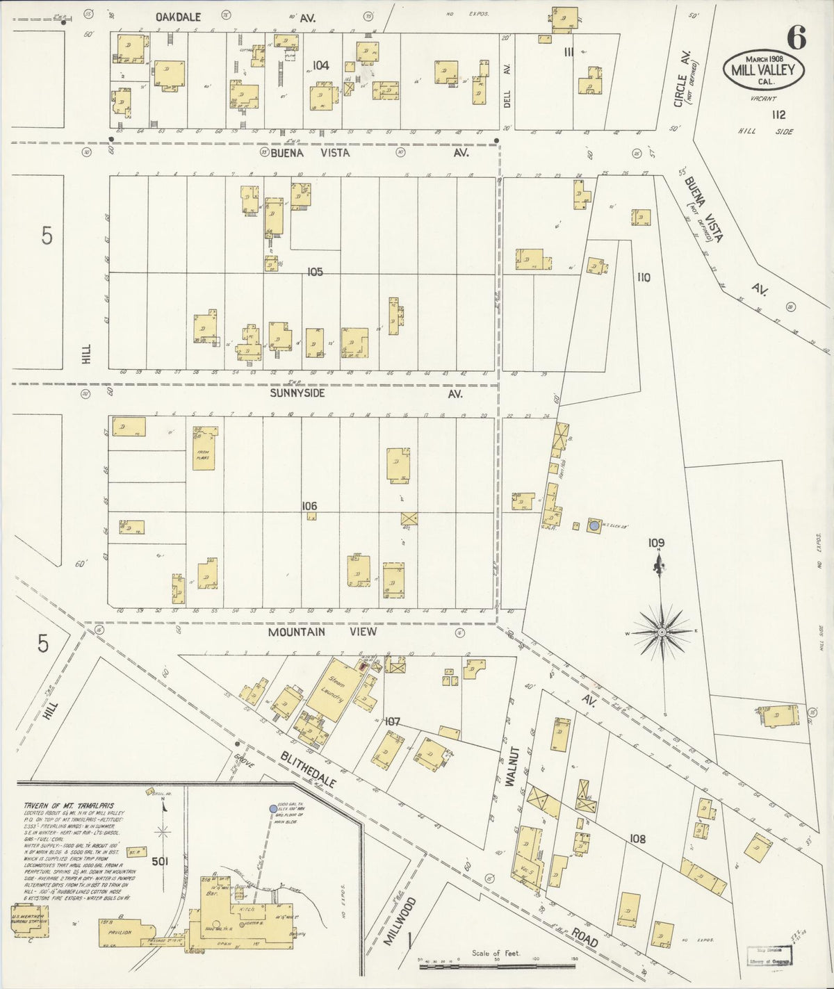 Sanborn Fire Insurance Map from Mill Valley, Marin County, California (1908), Sheet #0006 - Complete Map Set gallery image, historic Sanborn map, vintage wall art, California California